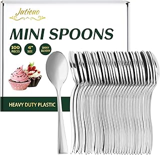 100CT Plastic Mini Spoons 4 Inch Heavy Duty Small Plastic Silver Dessert Spoons Disposable Tiny Spoon for Appetizers Tasting, Cocktail Hors D'oeuvres, Wedding Reception