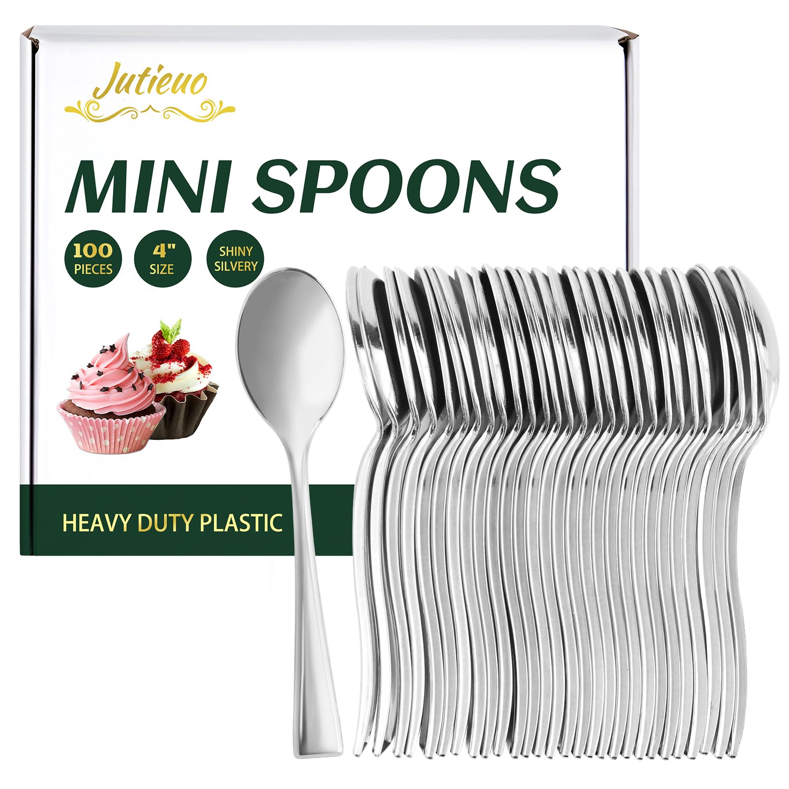 Jutieuo 100CT Plastic Mini Spoons 4 Inch Heavy Duty Small Plastic Silver Dessert Spoons Disposable Tiny Spoon for Appetizers Tasting, Cocktail Hors
