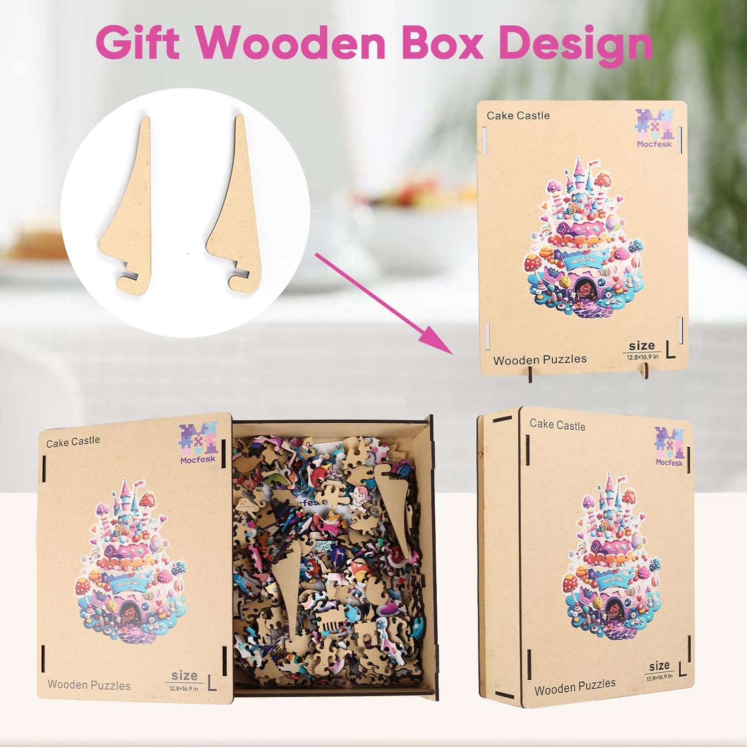 Mocfesk Birthday Cake Jigsaw Wooden Puzzles, Irregular Wooden Puzzles for Adults and Kids, Funny Party Birthday Gifts Beautiful Home Decor 16.9 x 12.8 in