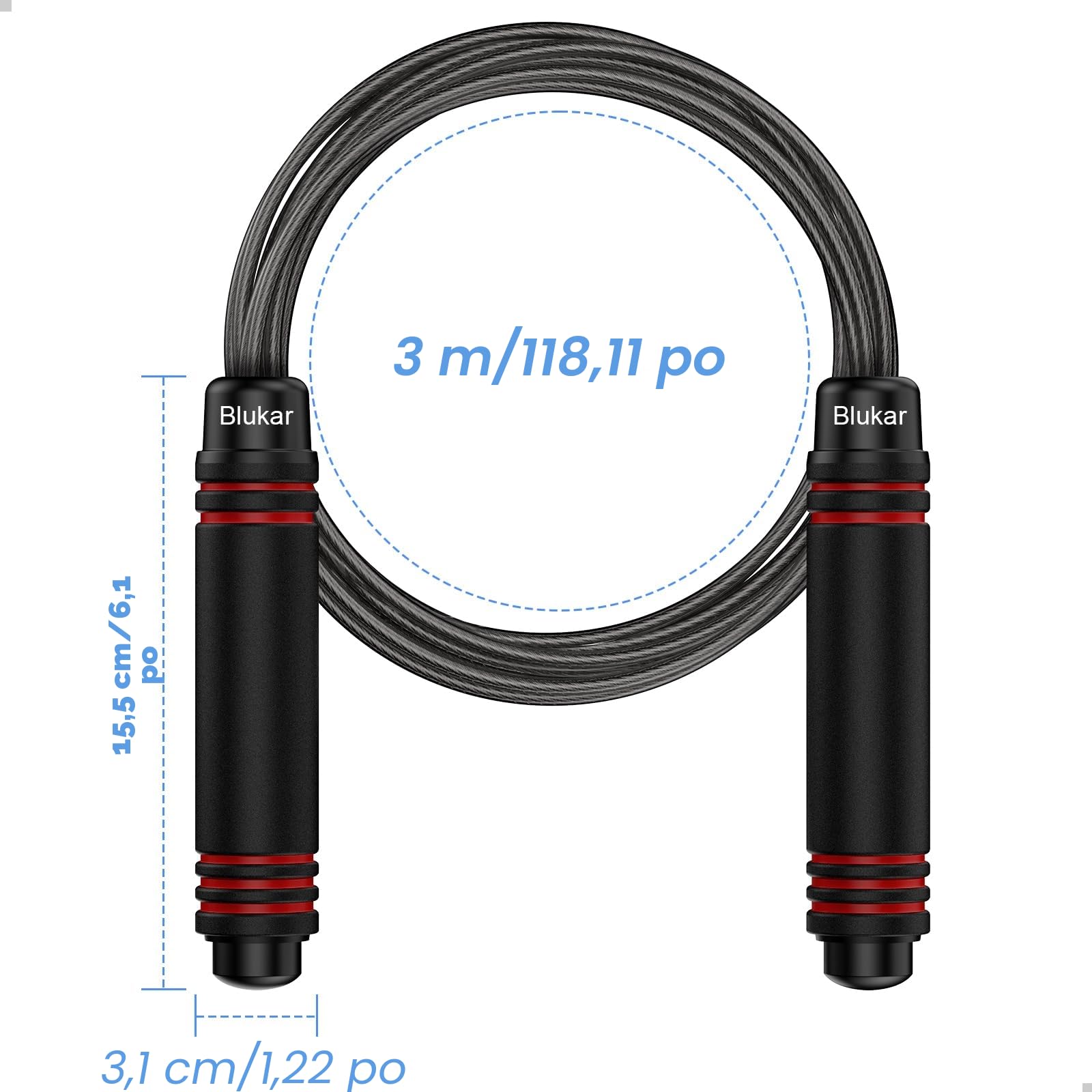 Blukar Corde à Sauter, Speed Jump Rope Réglable pour Hommes & Femmes, Roulements à Billes en Acier, Poignées Antidérapantes en Mousse, Câble en Acier pour Fitness, Crossfit, Sport, Boxe, GYM -3M