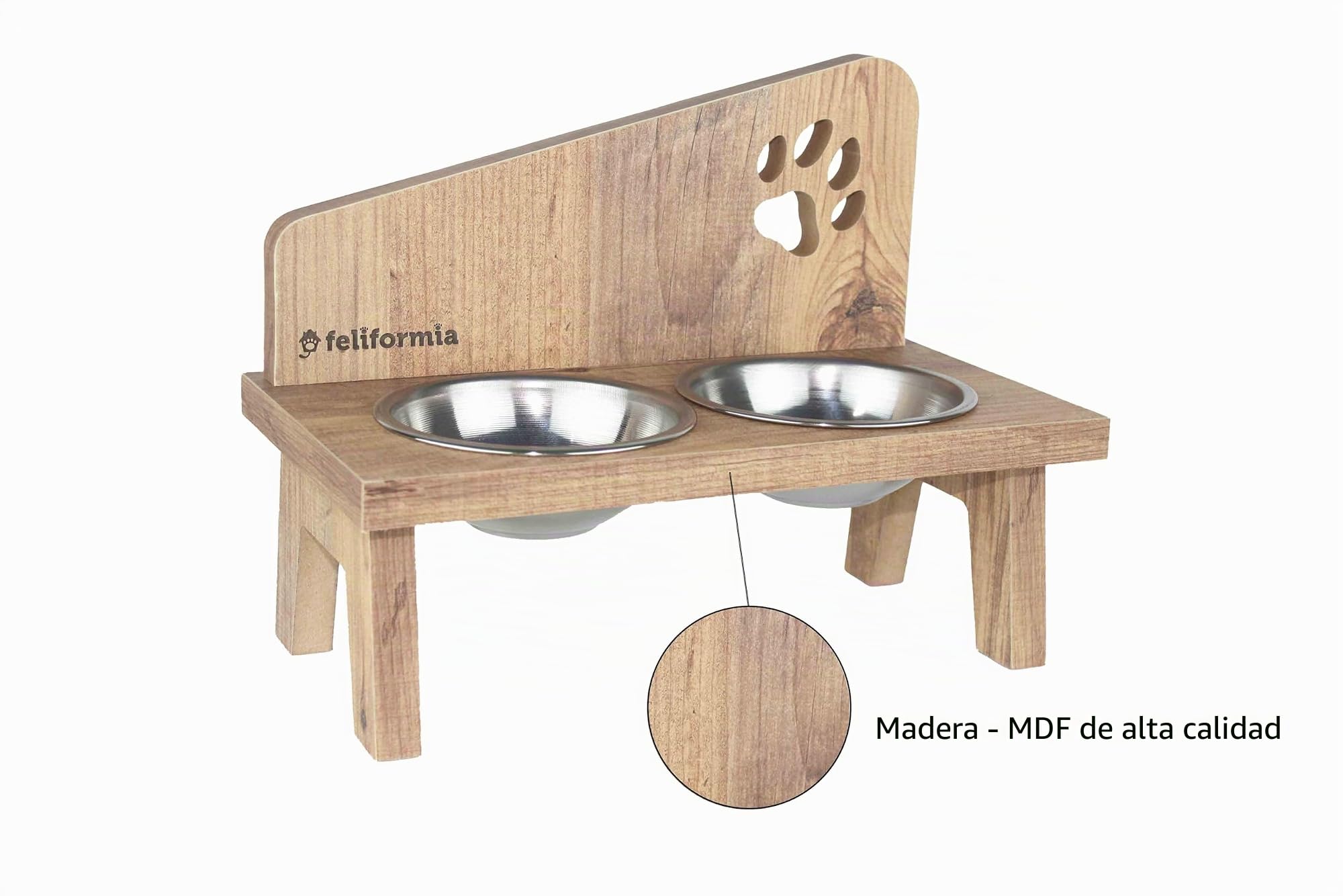 Feliformia® - Cuenco para gatos (600 ml, soporte de madera, con dos cuencos, acero inoxidable)