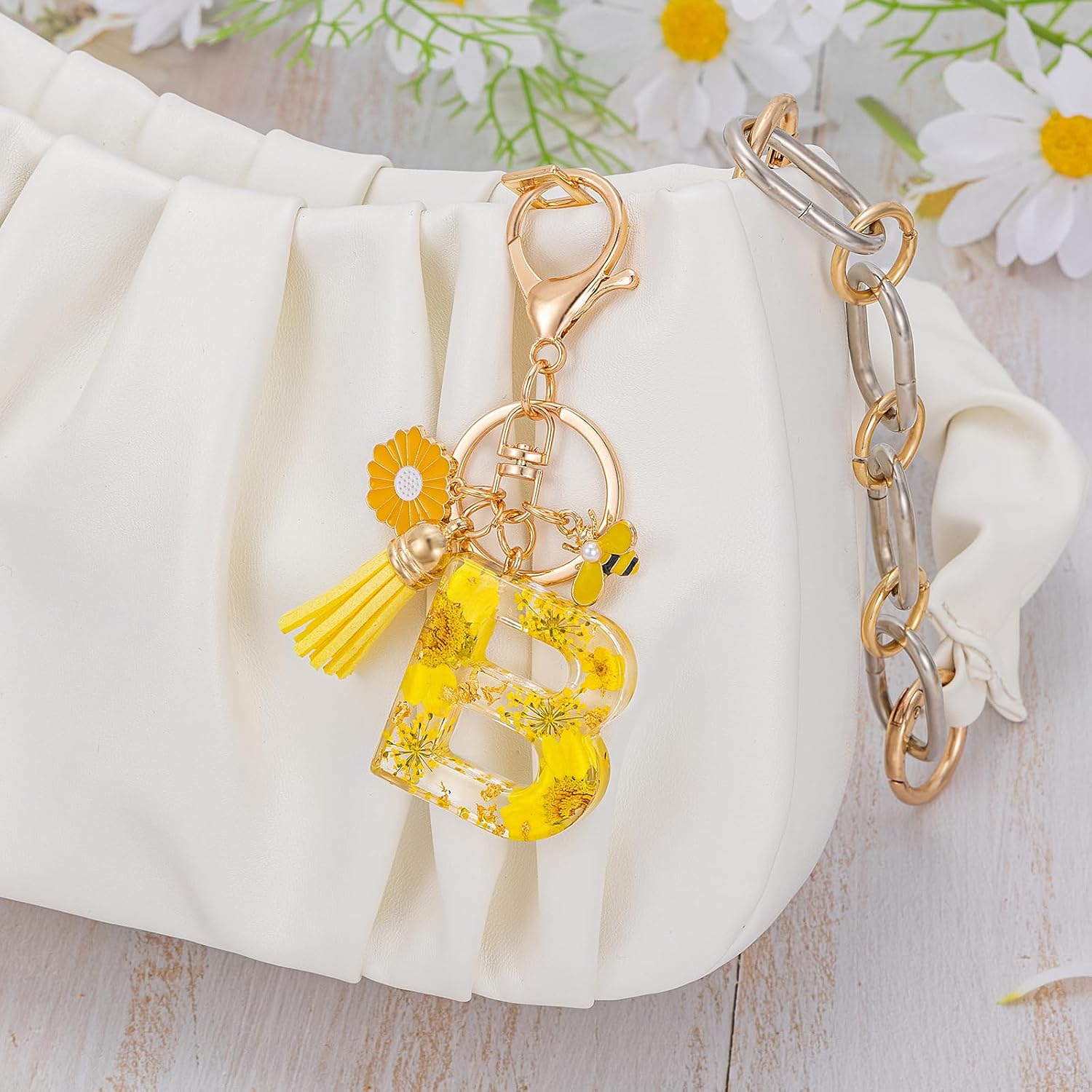MWOOT Initial Letter Keychain Resin Alphabet Keyrings,Yellow Petals Gold Foil Key Ring Key Chain Charm