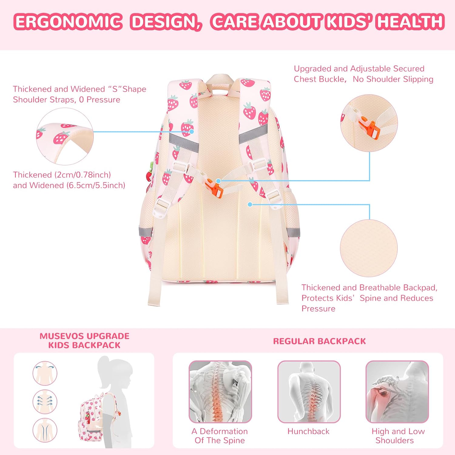 MUSEVOS Kids Backpack, Kawaii Printed Girls Bookbags for Elementary, Lightweight School Backpack for Kindergarten, Water Resistant Teen Backpacks, White/Strawberries