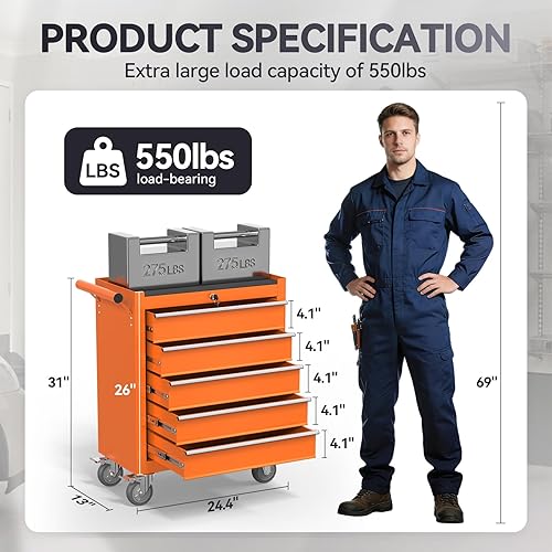 Miniatura 2 de Caja de herramientas con ruedas de 5 cajones, caja de herramientas de metal con ruedas y bloqueo, portátil para almacén, garaje, taller de
