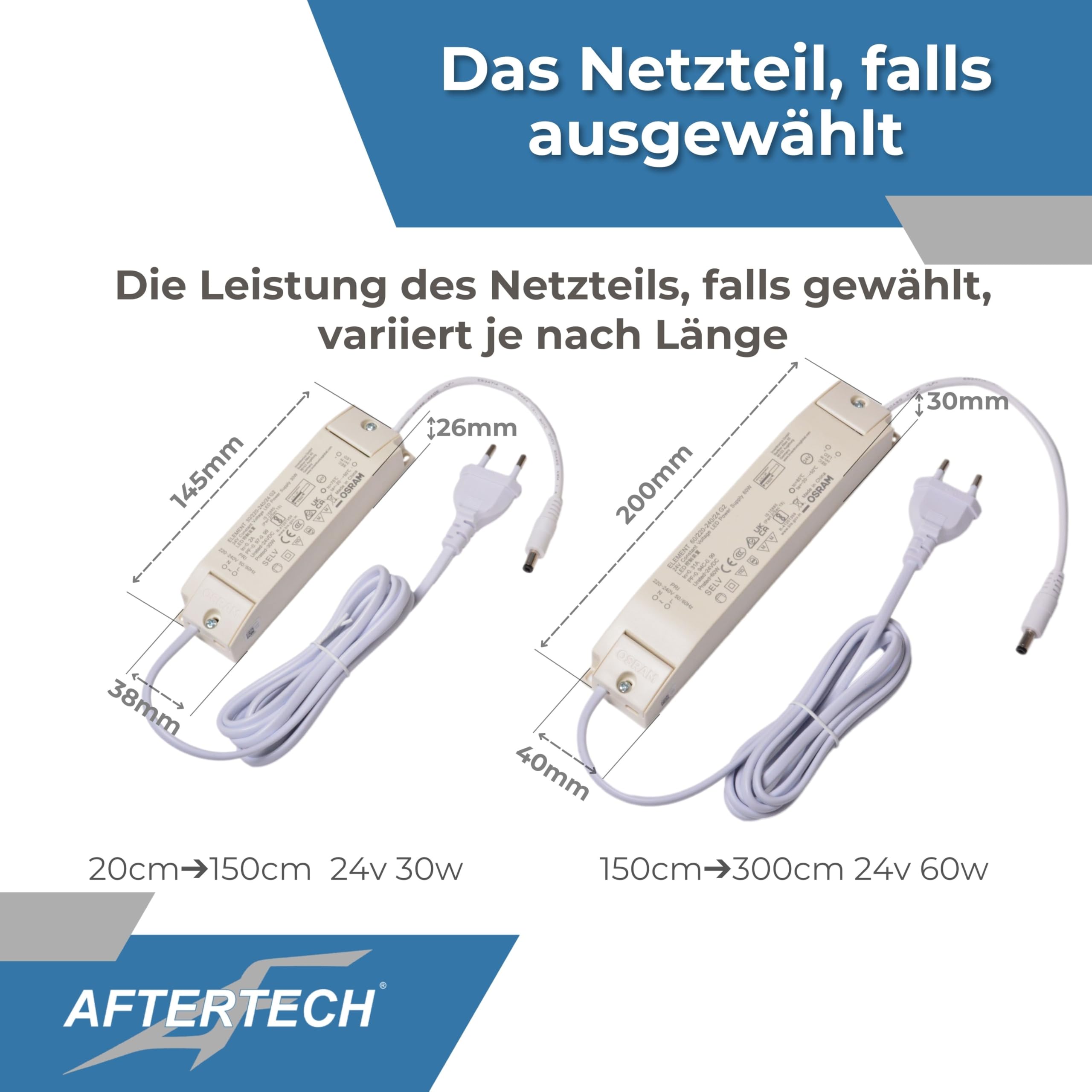 AFTERTECH LED-Leiste Aluminiumprofil FLACH WEISS NACH MASS maßgefertigt nach Zentimetermaß von 20 bis 300 cm in einem EINZELNEN Stück – STARKES LICHT 19,2 W/m 180 LED/m ANPASSBAR Küchenunterschrank