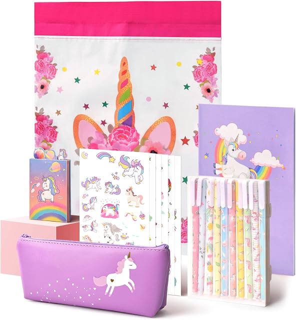 Anyfirst 37pcs Style Girls Unicorn Stationery Gift Set for Birthday and Christmas with Notebook, Pencil Case and Pens, Unicorn Gift for Girls Ages 6 -12 Years Old, Purple