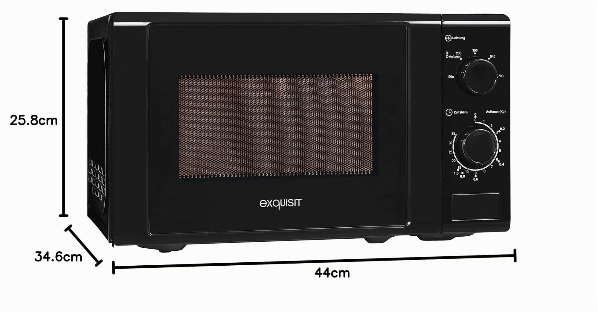 Exquisit® Mikrowelle, 20 l, 700 W, 5 Leistungsstufen, Farbe Schwarz, Innenlackierung, Schnellstart, Auftaufunktion, Teller 25,5 cm, Druckknopföffnung, Maße 25,8 x 43,9 x 32,3 cm.