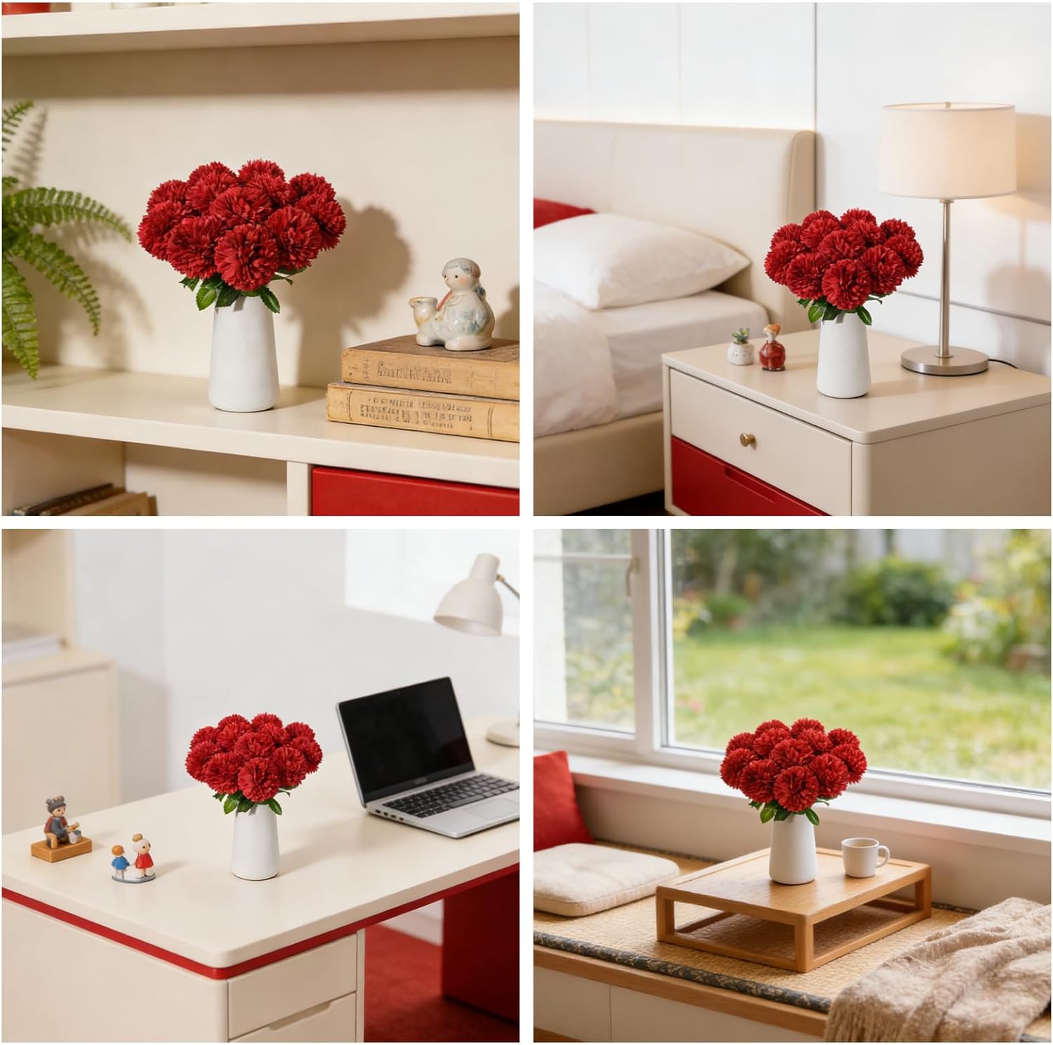 12Pcs Artificial Chrysanthemum Ball Flowers with Ceramic Vase, Faux Silk Mum Floral Arrangement for Table Centerpiece, Spring Home Decor, Wedding, Office, Coffee Display(Red)