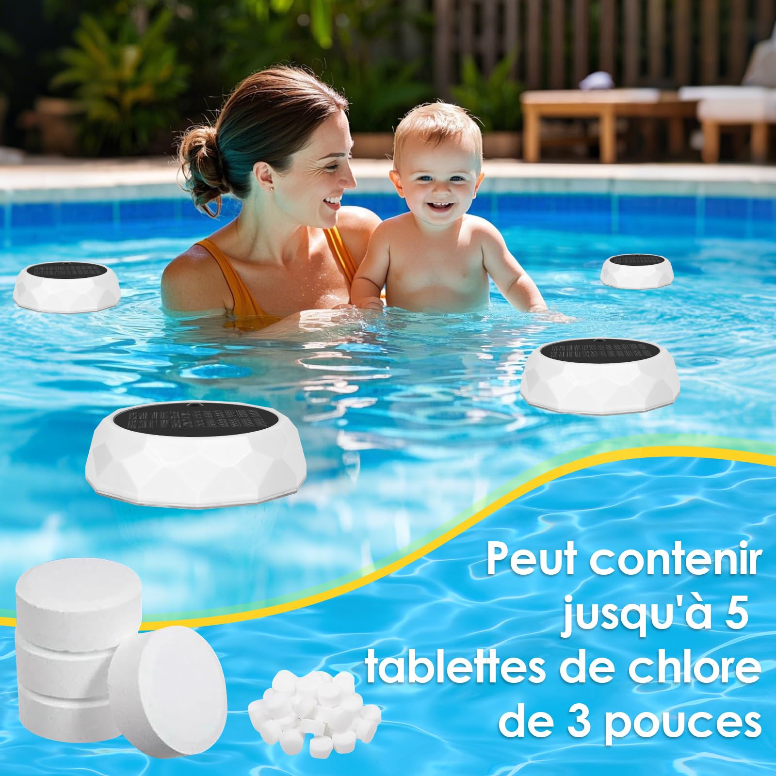 ZWOOS Diffuseur Chlore Piscine, Flotteur Chlore Piscine, Distributeur Chlore Piscine avec Doseur Flottant Extensible (Vide), Lampe Solaire Piscine Flottante avec Télécommande, Distributeur de Chlore
