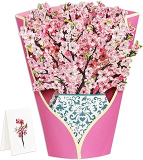 Cherry Blossoms 3D Pop Up Cards, 12 Inch Popup Greeting Cards Paper Flower Bouquet Cards Pop Up Bouquet Flowers Fathers Day Card Birthday Gift for Women Birthday Card with Note Card and Envelope