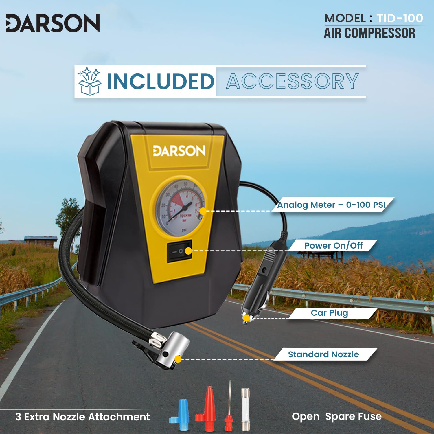 Darson TID-100 Tyre Inflator for Car - 12V Car Port and 100PSI Portable Air Compressor for Cars, Bike, Bicycle and Football - Fast Inflation Speed air inflator for car - Mini Air Compressor 2