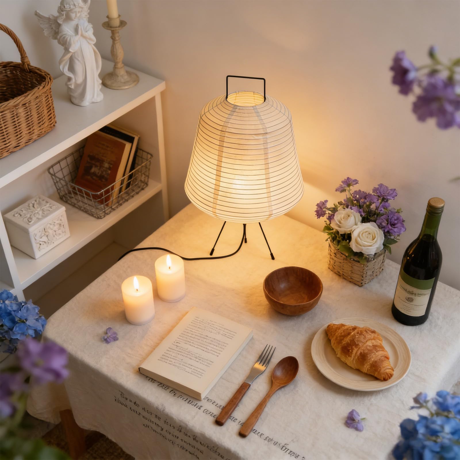 Abat-jour en papier de riz, lampe de chevet, lampadaire, lampe de table, avec douille E27, lampe suspendue, lampe en papier, câble de 2 m, hauteur 36 cm (ampoule non incluse)