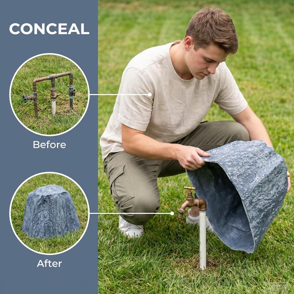 Fake Rock Covers Medium 18.5x12.2x13.5 Inch – Grey Utility Covers for Outside, Faux Rock Covers for Landscaping AC Units, Hose Reels & Electrical Boxes
