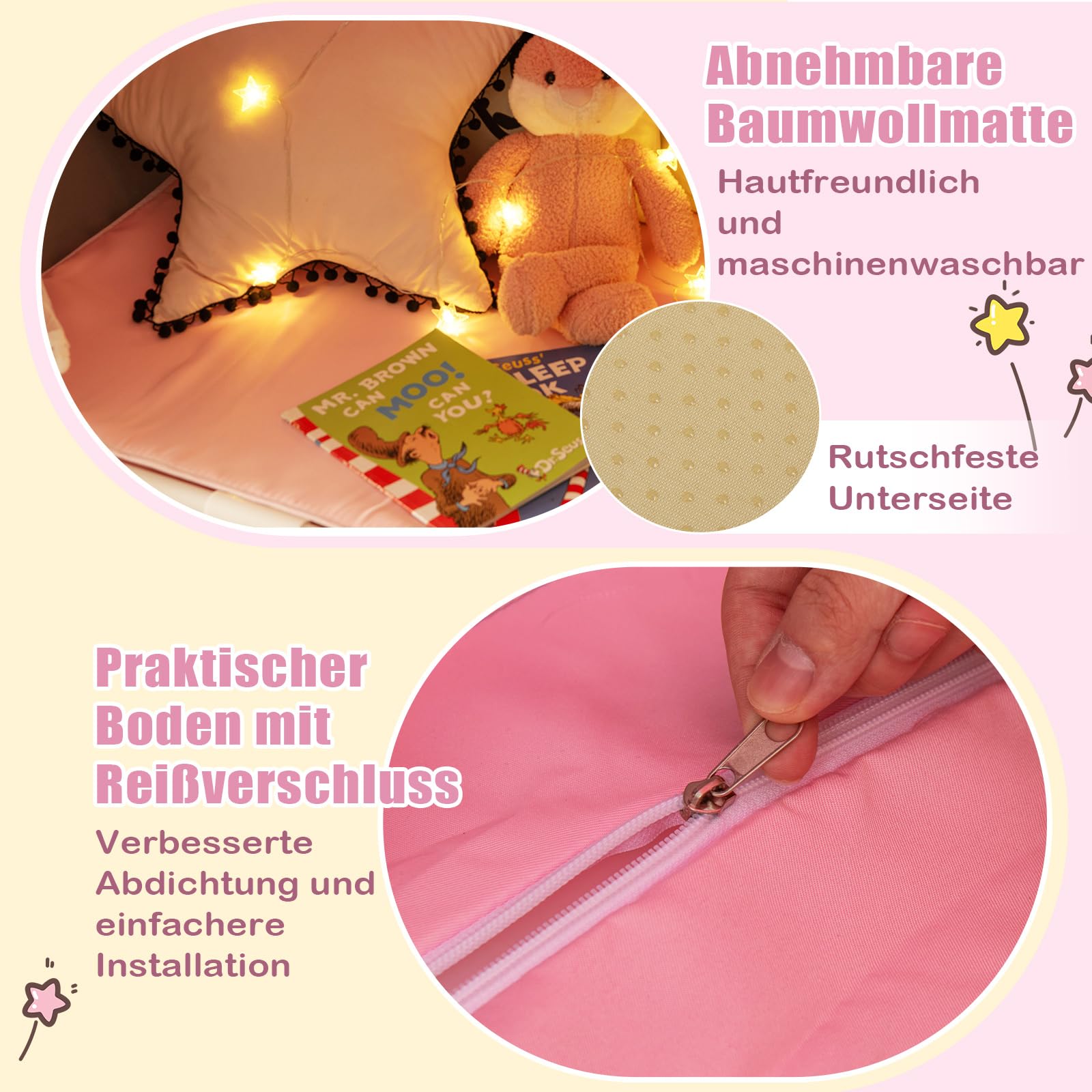 COSTWAY Kinderspielhaus mit Sternenlichter, Prinzessin Prinzess Kinderzelt mit Fenster & Matte, Spielzelt mit doppeltem Vorhang, Kinderspielzelt, Kinderspielburg für Jungen und Märchen (Rosa)