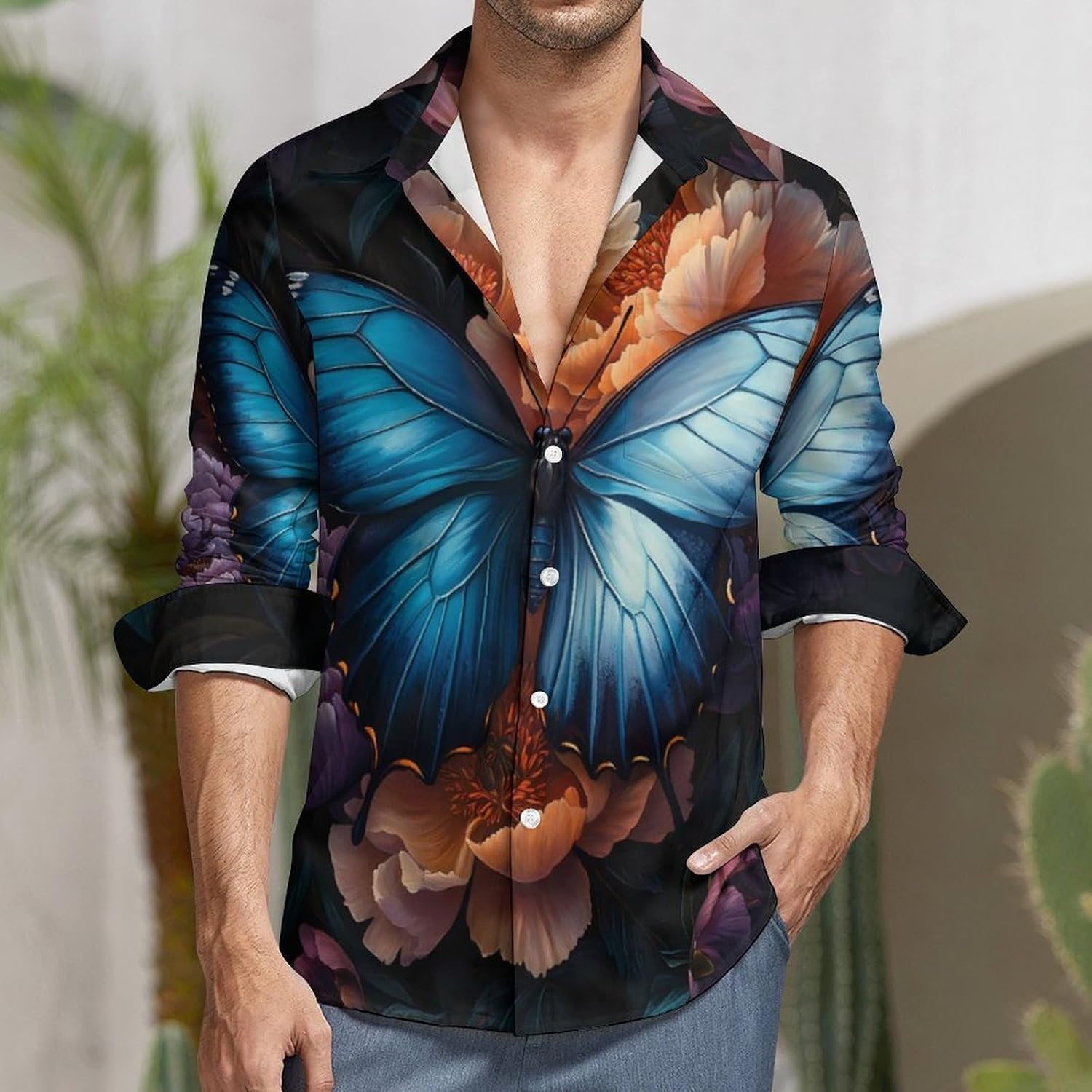 Blue Butterfly Peony Florals Long Sleeve Shirts Casual Dress Shirt Button-down T-shirts for Men
