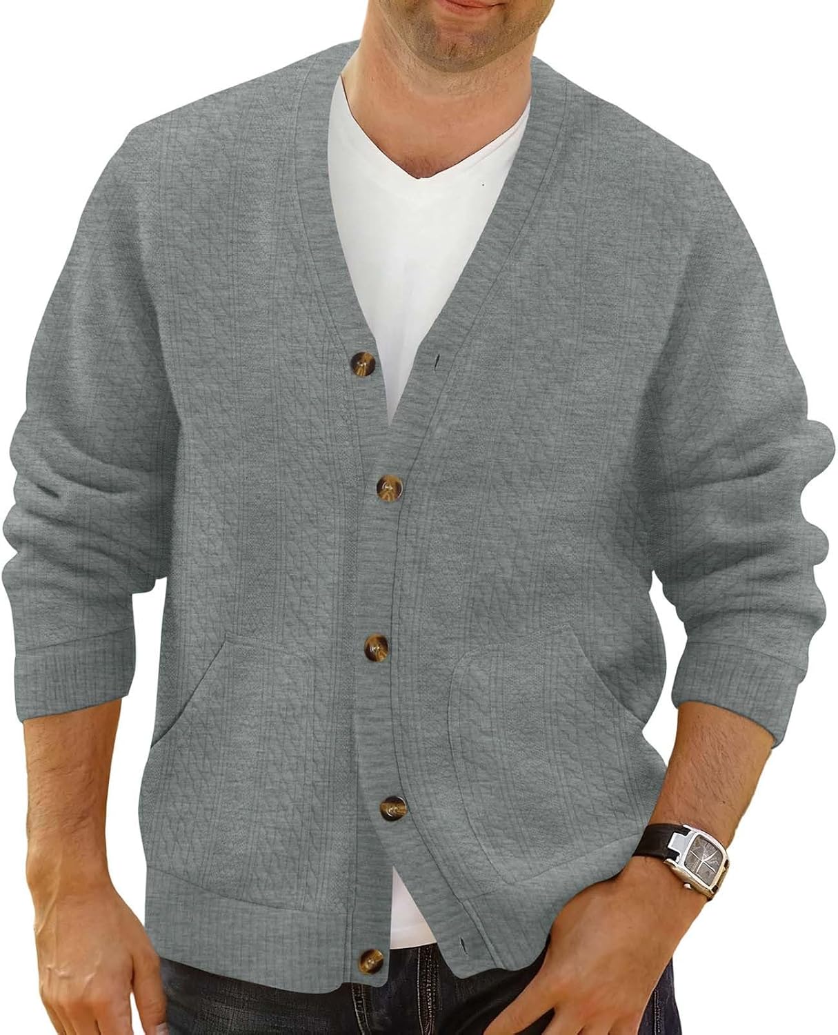 Mens Cable Knit Cardigan Sweaters Button Down V Neck Casual Coats