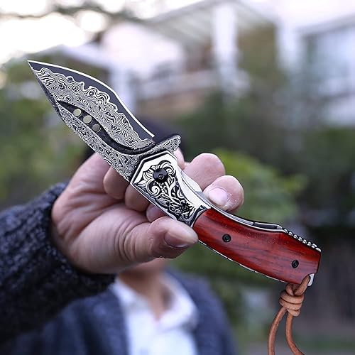 Miniatura 5 de Cuchillo de bolsillo plegable de acero de Damasco hecho a mano con funda de cuero, mango de palisandro con bloqueo de forro, cuchillos EDC de 3.1