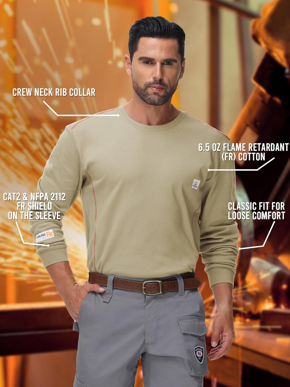 FR Shirts for Men CAT2/HRC2 6.5oz Lightweight Fire Resistant Shirts for Men Long Sleeve Crewneck T-Shirt - Image 3