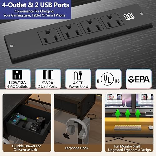 Miniatura 5 de Loomie Escritorio para juegos en forma de L con gabinete de archivos y toma de corriente, escritorio reversible de oficina en casa de 66 pulgadas