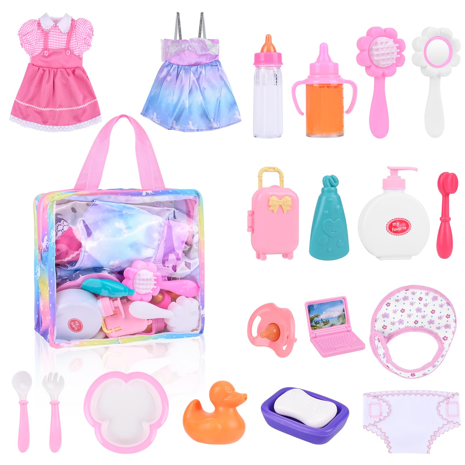 Gerbala Accessori per Bambole, 22 Pcs Set di Alimentazione e Cura per Bambole con Biberon e Pannolini per Ragazze, Biberon Magico per Bambini e Ciucci, Set di Piatti e Posate Idee Regalo