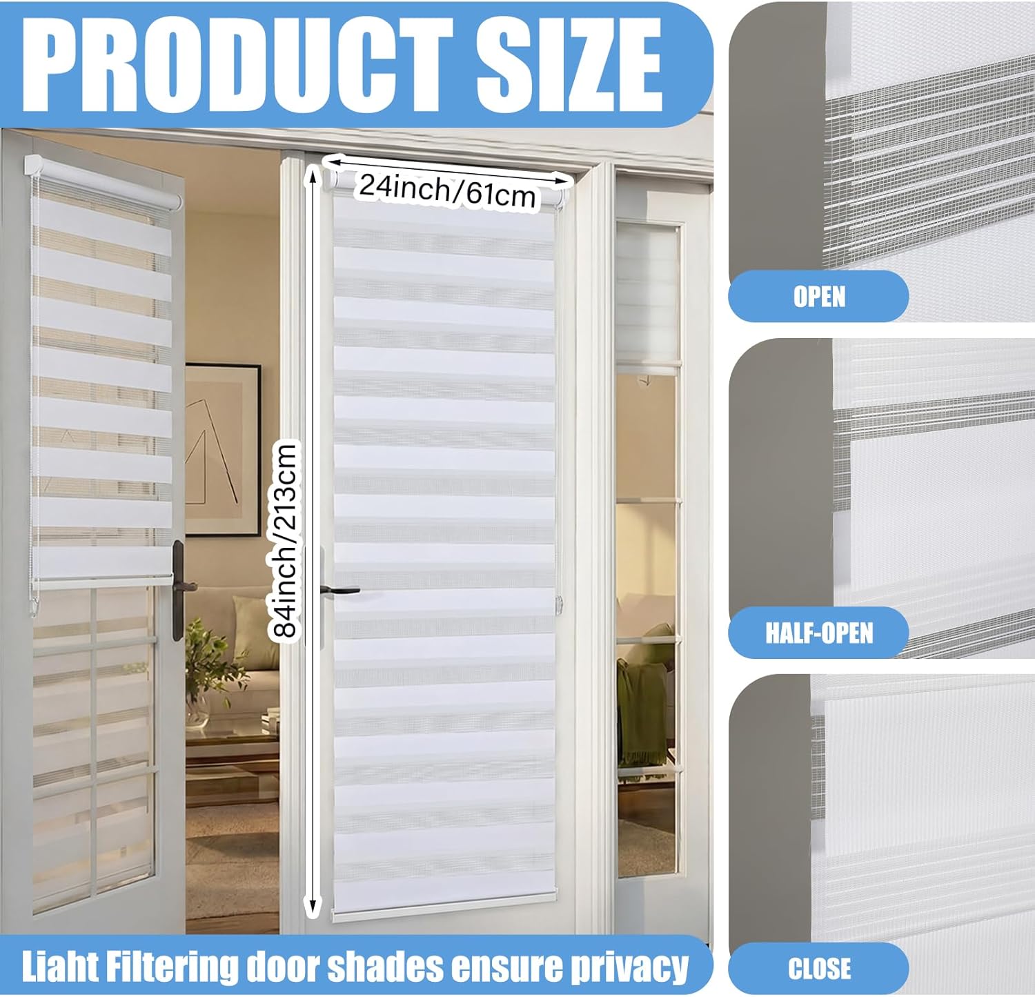 Tingjoo 2 Set 24 x 84 Inch Self Adhesive Zebra Blinds for Sliding Door Adjustable French Door Cordless Blind Sheer Shades Light Filtering Privacy Blinds 2 Ways to Install White for French Doors