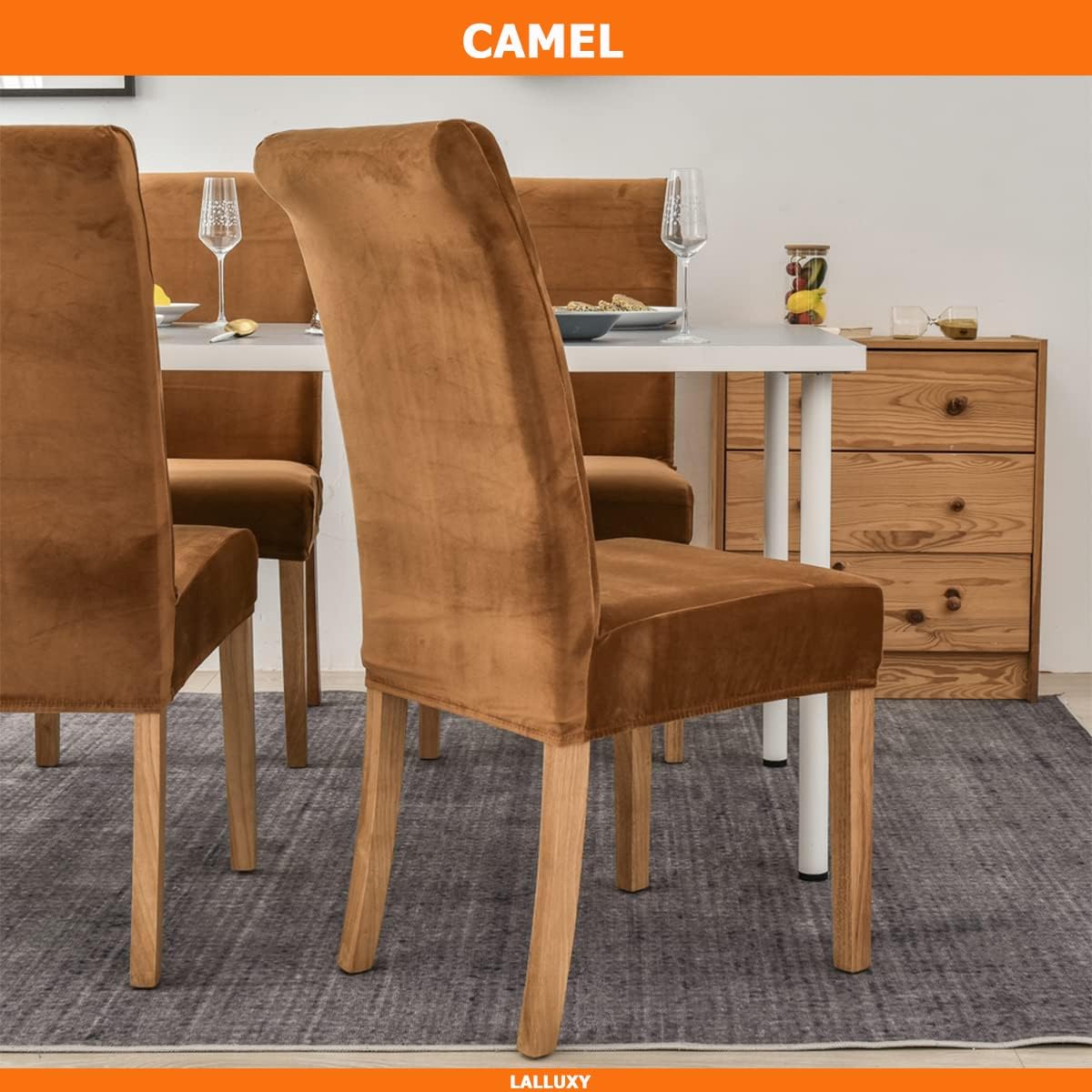 Velvet Chair Covers for Dining Chairs Set of 6, Stretchy Soft Parson Chair Covers Removable Washable Kitchen Dining Room Chair Slipcovers with Elastic for Universal Fit (Camel)