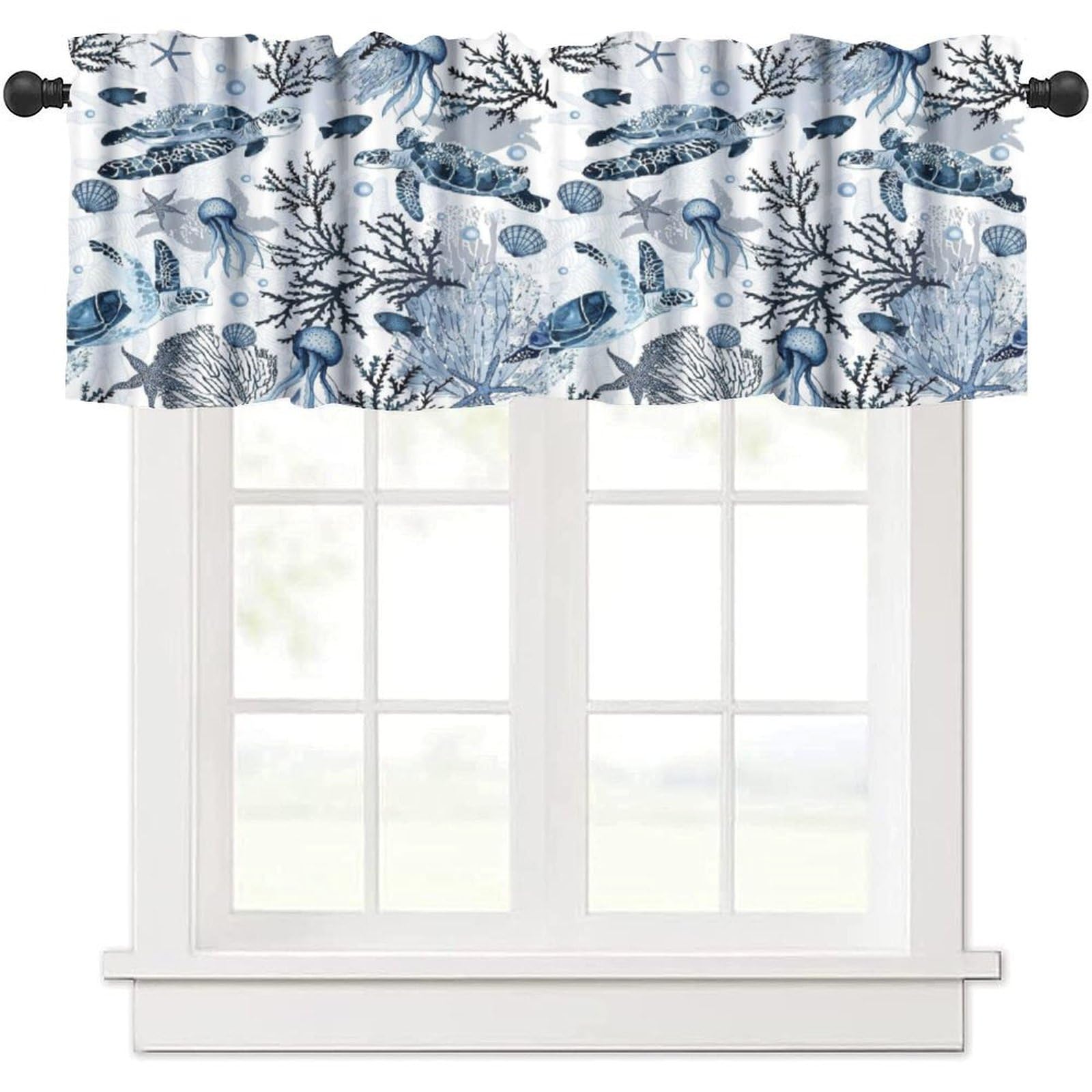 Yearn Jear Ocean-12 Nautical Coastal Valance Curtains For Windows, Blue Teal Coral Window Treatments, Sea Nautical Starfish Short Window Shades Valances For Bedroom Bathroom 54X18 Inch 1 Panel