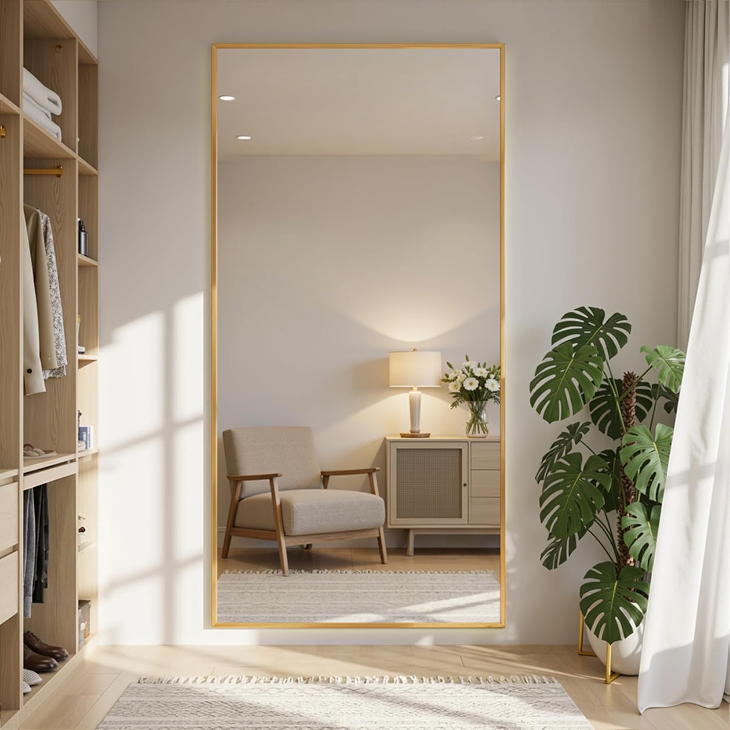 Full Length Mirror, 79"x32" Full Body Mirror, Floor Mirrors with Stand, Body Mirrors Standing Hanging Leaning Against Wall,Aluminum Frame Mirrors for Bedroom Cloakroom,Living Room,Gold 79"L x 32"W Gold (Rect)