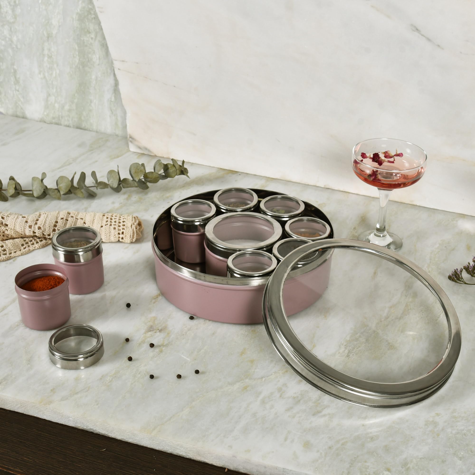Elan 9 Compartment Multipurpose Air-Tight Stainless Steel See-Through Round Colorful Spice Box/Popula Dabba with Lid and Spoon | Mauve (B0D6KPJRJ1) Amazon Price History, Amazon Price Tracker
