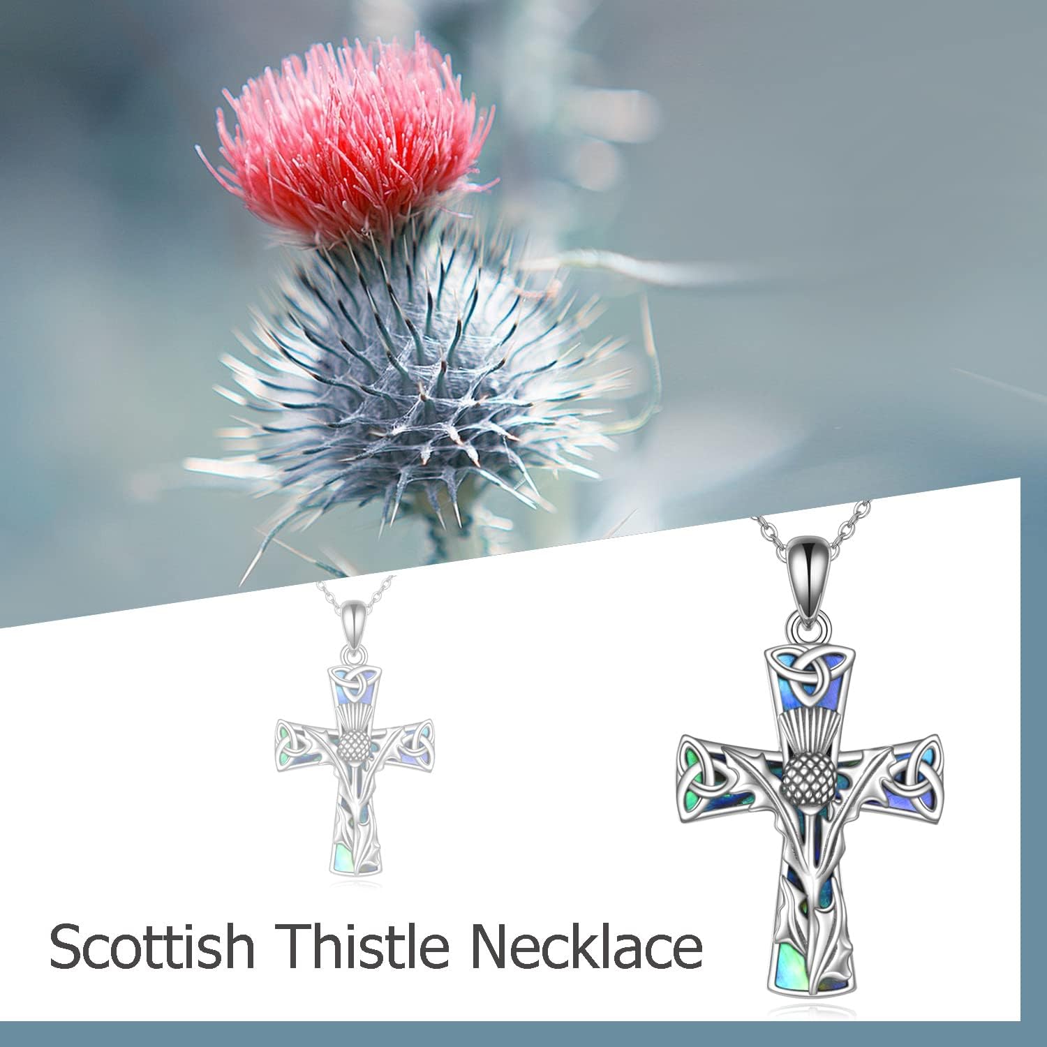 DAYLINLOVE Scottish Thistle Cross Necklace 925 Sterling Silver Scottish Necklace Religious Cross Pendant Necklace Scottish Gifts for Women
