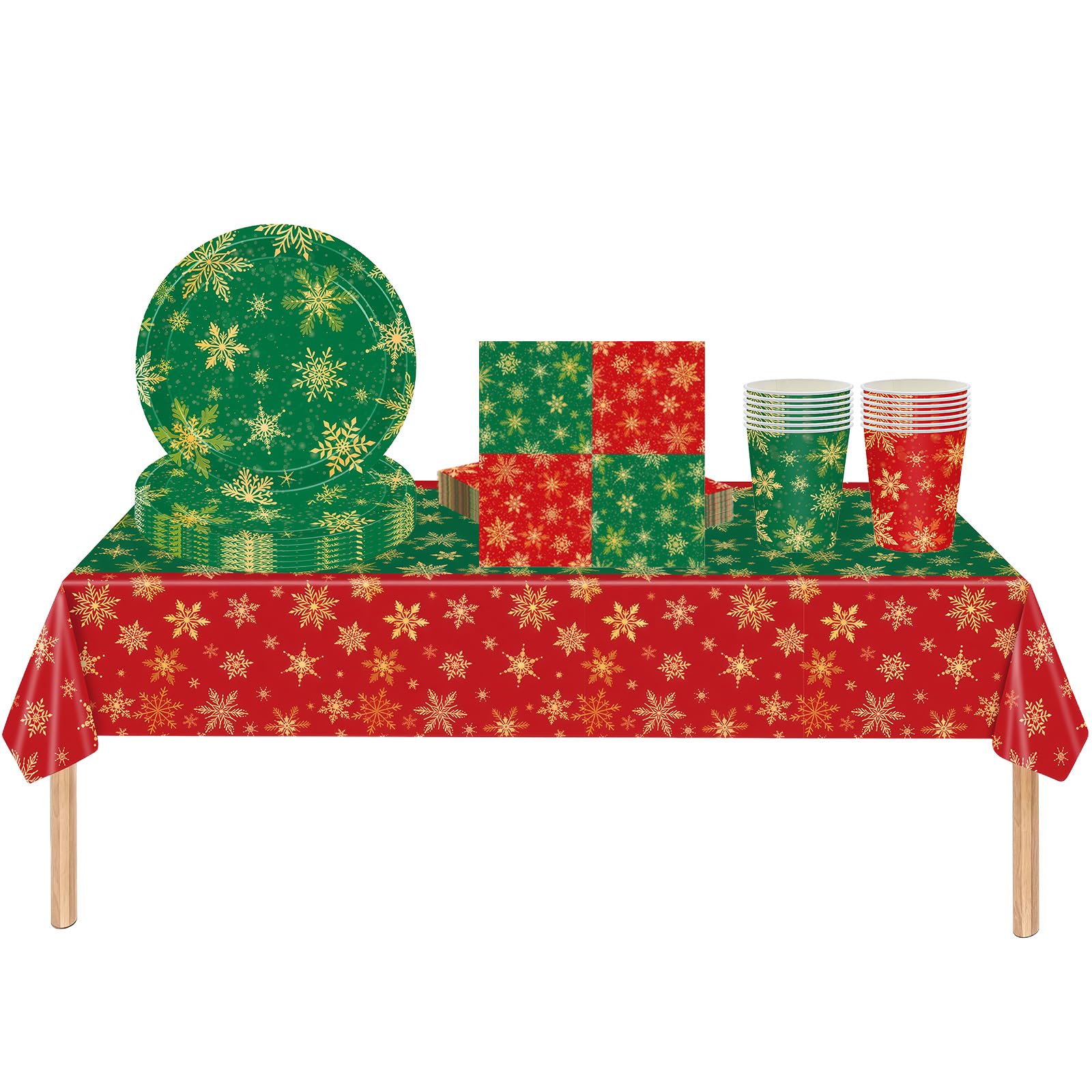 53Pcs Christmas Party Tableware Set for Table Decor,Red Green Christmas Snow 137x274cm Large Plastic Tablecloth Red Xmas Party Paper Plates Cups Napkins Dinnerware Set for Xmas Favor Tableware
