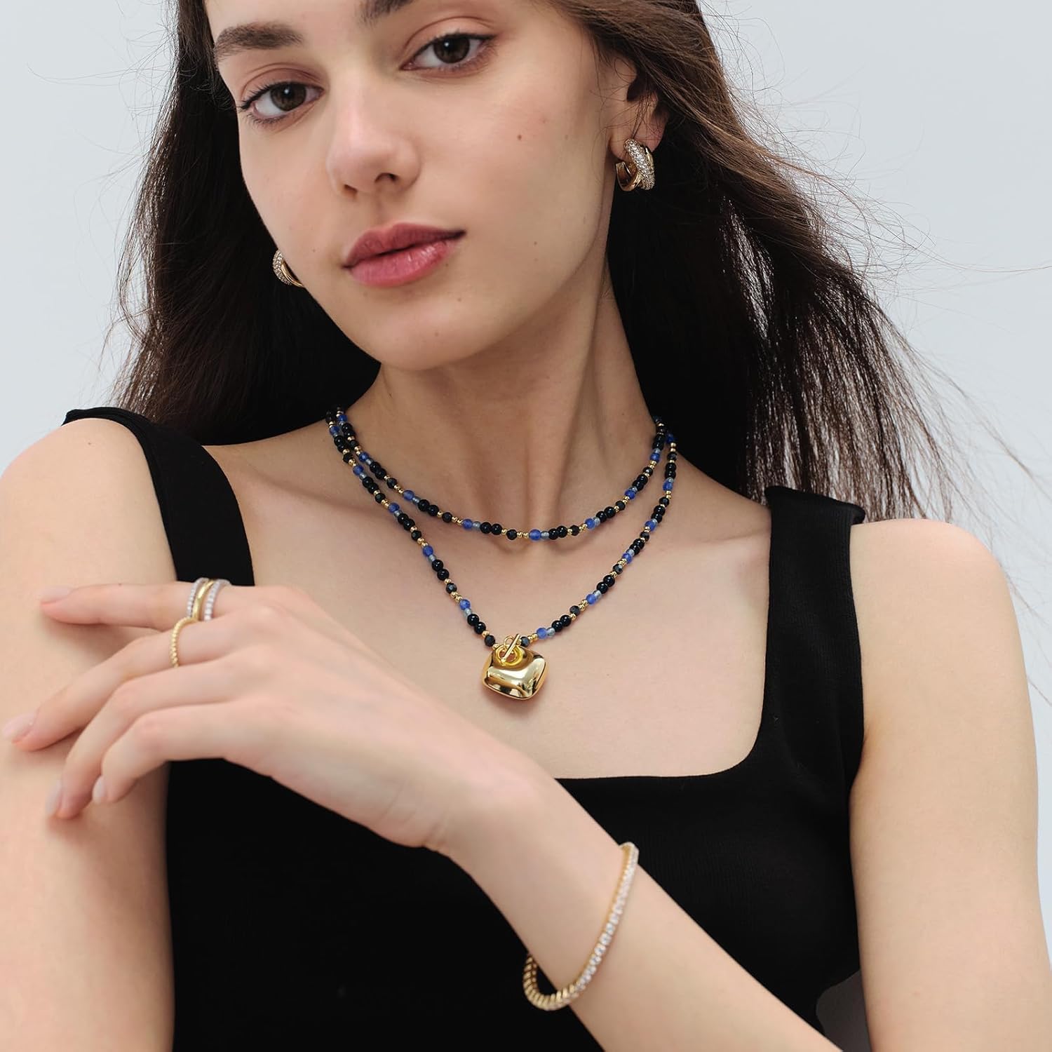 KissYan Long Necklaces for Women, 14K Gold Plated Beaded Gemstone Turquoise Boho Layered Choker, Natural Stone Handmade Sweater Fashion Jewelry Gifts