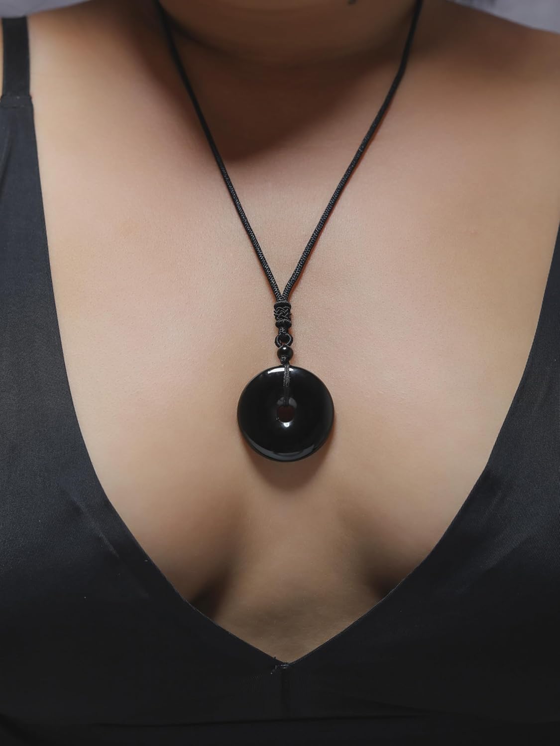 MINACHI Black Obsidian Geometric O Ring Circle Pendant Necklace with Braided Cord, Protective Amulet Jewelry Gift for Men and Women - Image 5