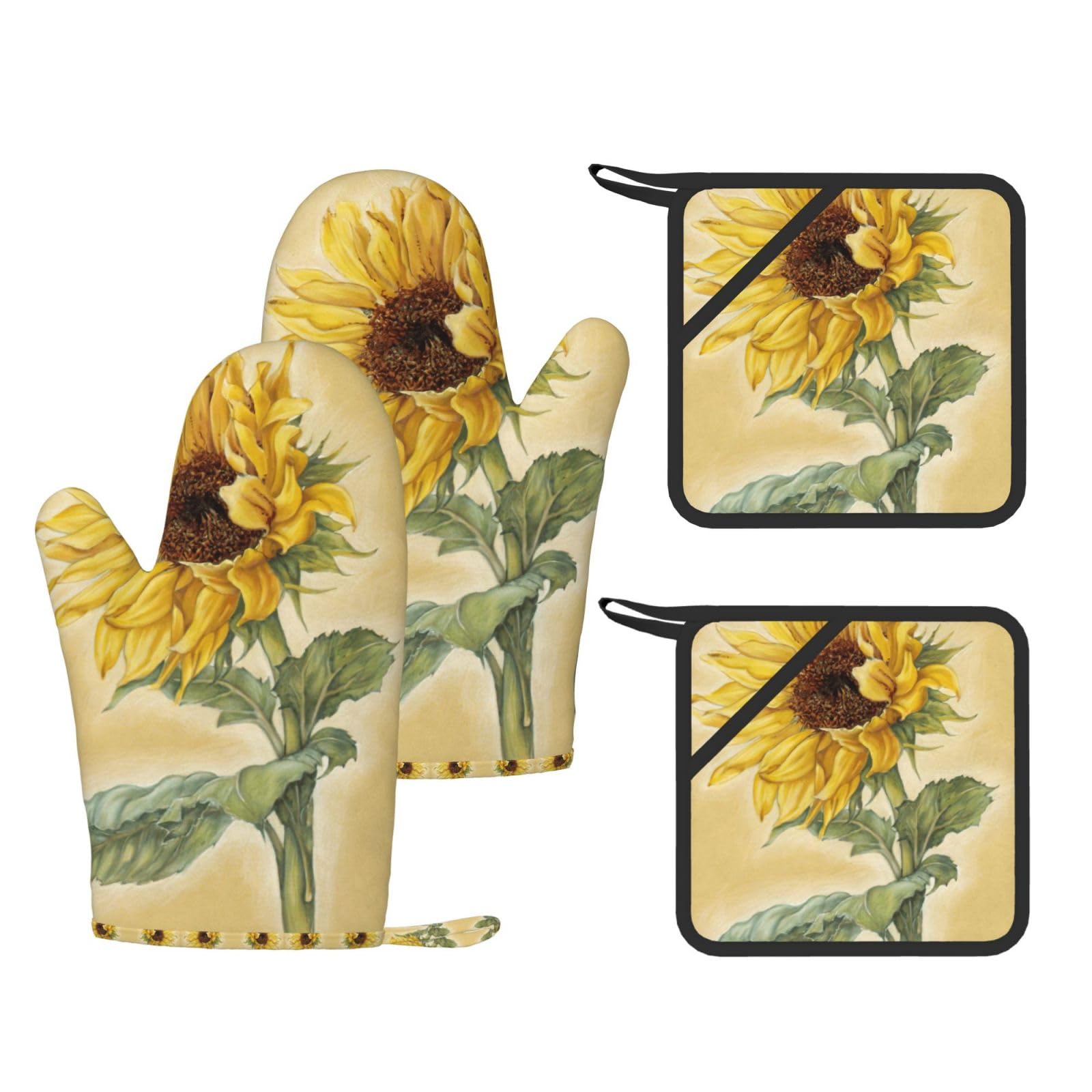 Art Sunflower Printed Potholder and Oven Mitt Set of 4, High Heat Resistant Cooking Gloves for BBQ Grilling