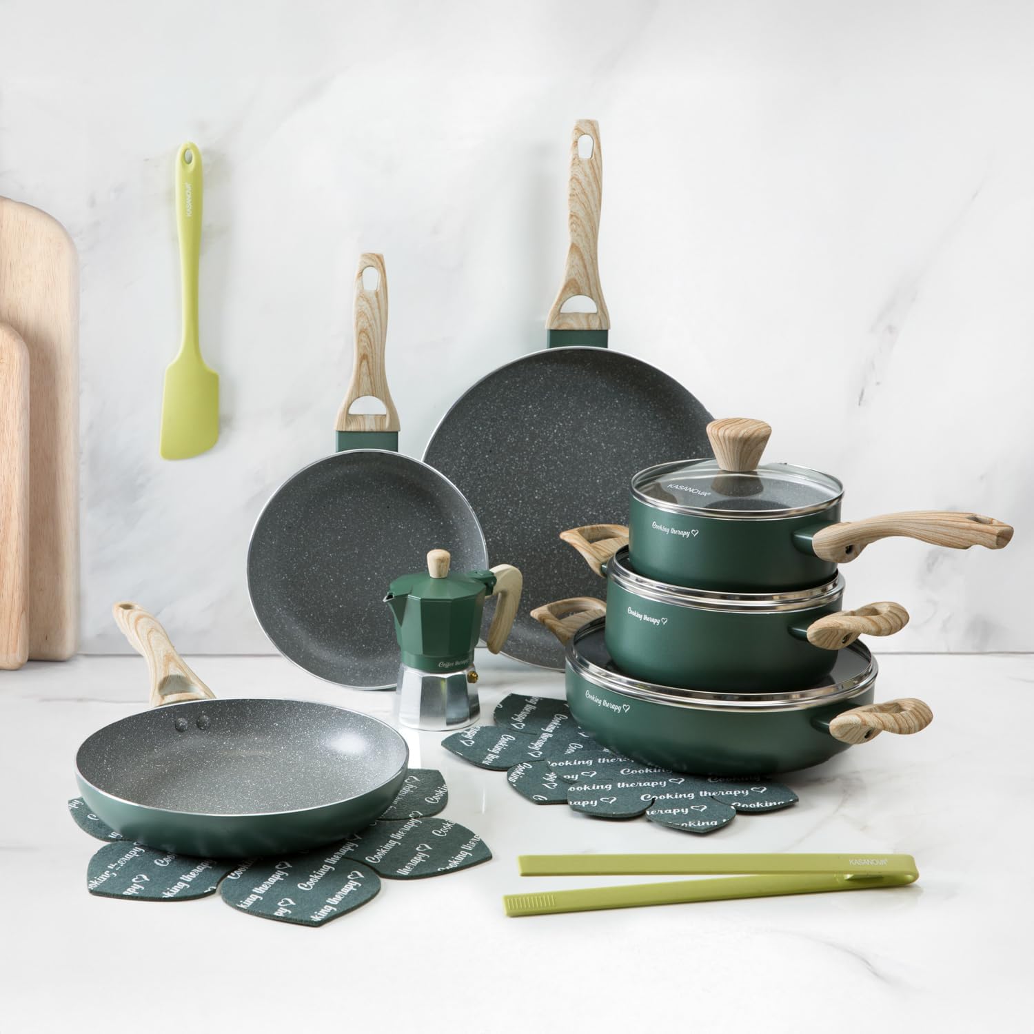 KASANOVA Cooking Therapy Cookware Set, Non-Stick Induction Cookware and Pan Set with Scoop, Complete Kitchen Set with Laser Writing and Wood Effect Handles (16) image 2