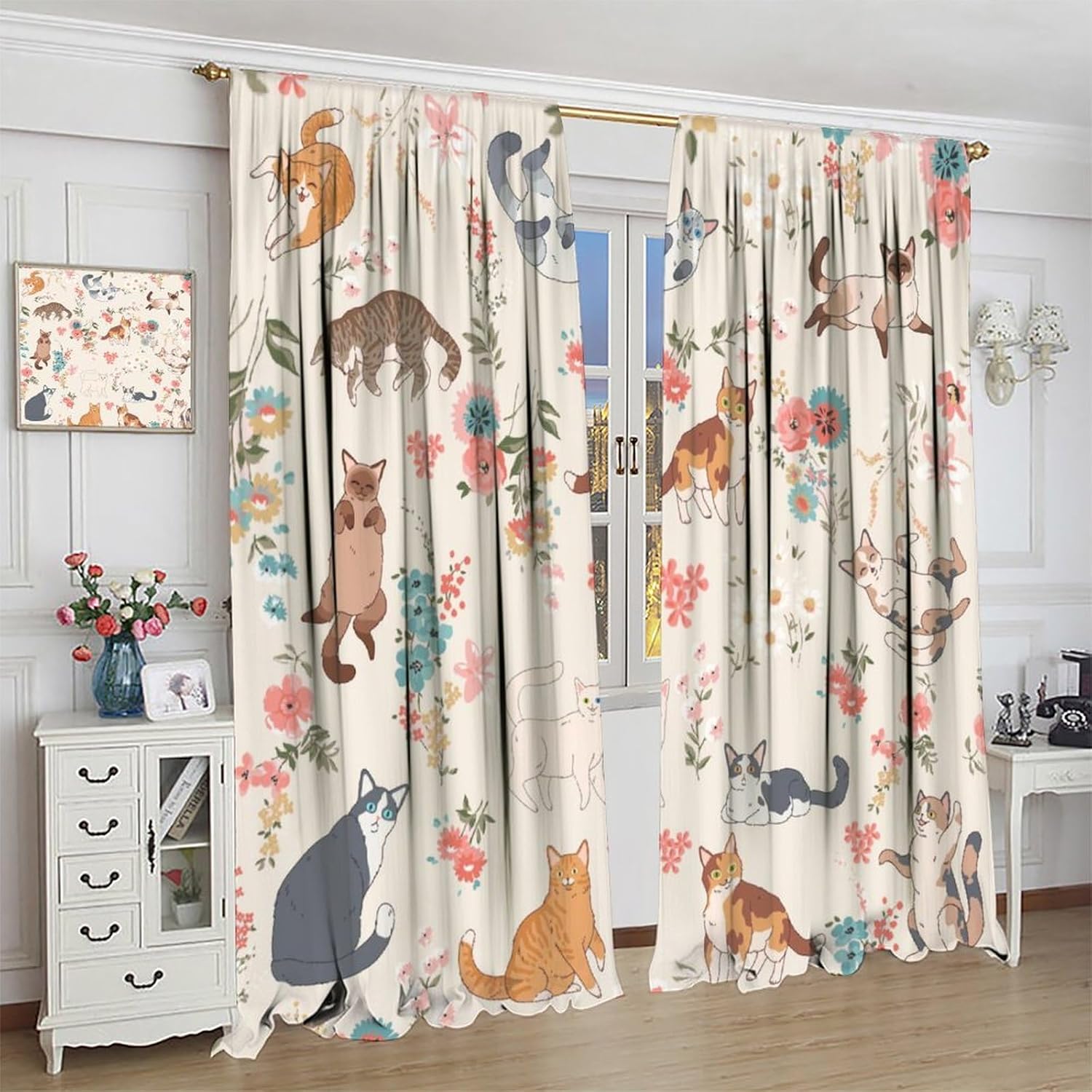 Cat Decor Curtains for Windows, Cute Funny Kawaii Floral Kitten Watercolor Colorful Flower Patterned Country Drapery for Home Kitchen Restaurant Decoration Window Drapes 2Panel 41"W X 53"L