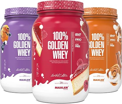 Maxler 100% Golden Whey Raspberry Cheesecake, Blueberry Muffin, Cinnamon Bun Bundle