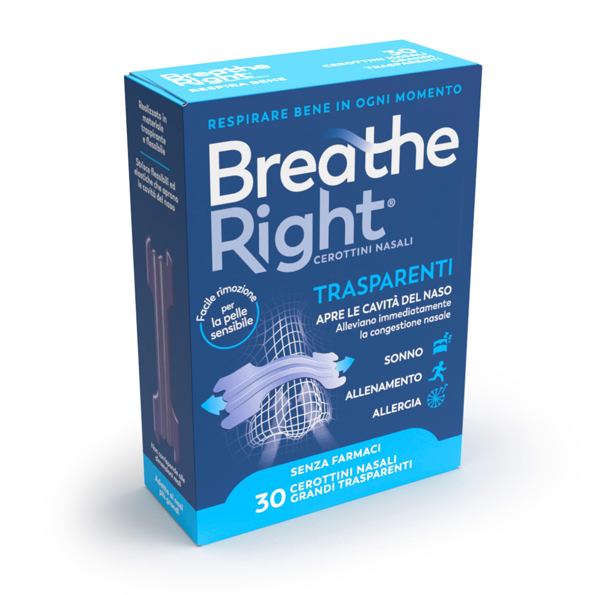 Breathe Right Cerottini Nasali Respira Bene Trasparenti Grandi, 30 cerottini
