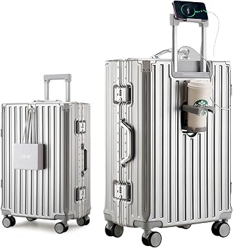 Yuweijie Aluminum Frame Suitcase, Carry-on Case, S/M/L/XL Sizes, Bag Hook, Multi-functional, Carry Bag with USB Charging Port, Cup Holder, Smartphone Holder, Lightweight Large Capacity, Shockproof