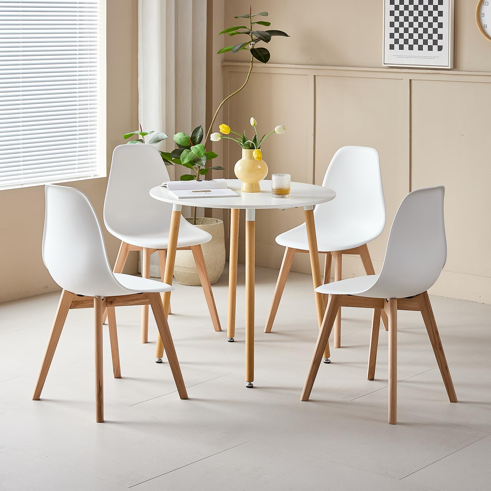 GrandCA HOME Sedia da pranzo in Stile Nordico,Set di 4 sedie con Gambe in Legno massello, Adatto per sala da pranzo soggiorno (Bianco)