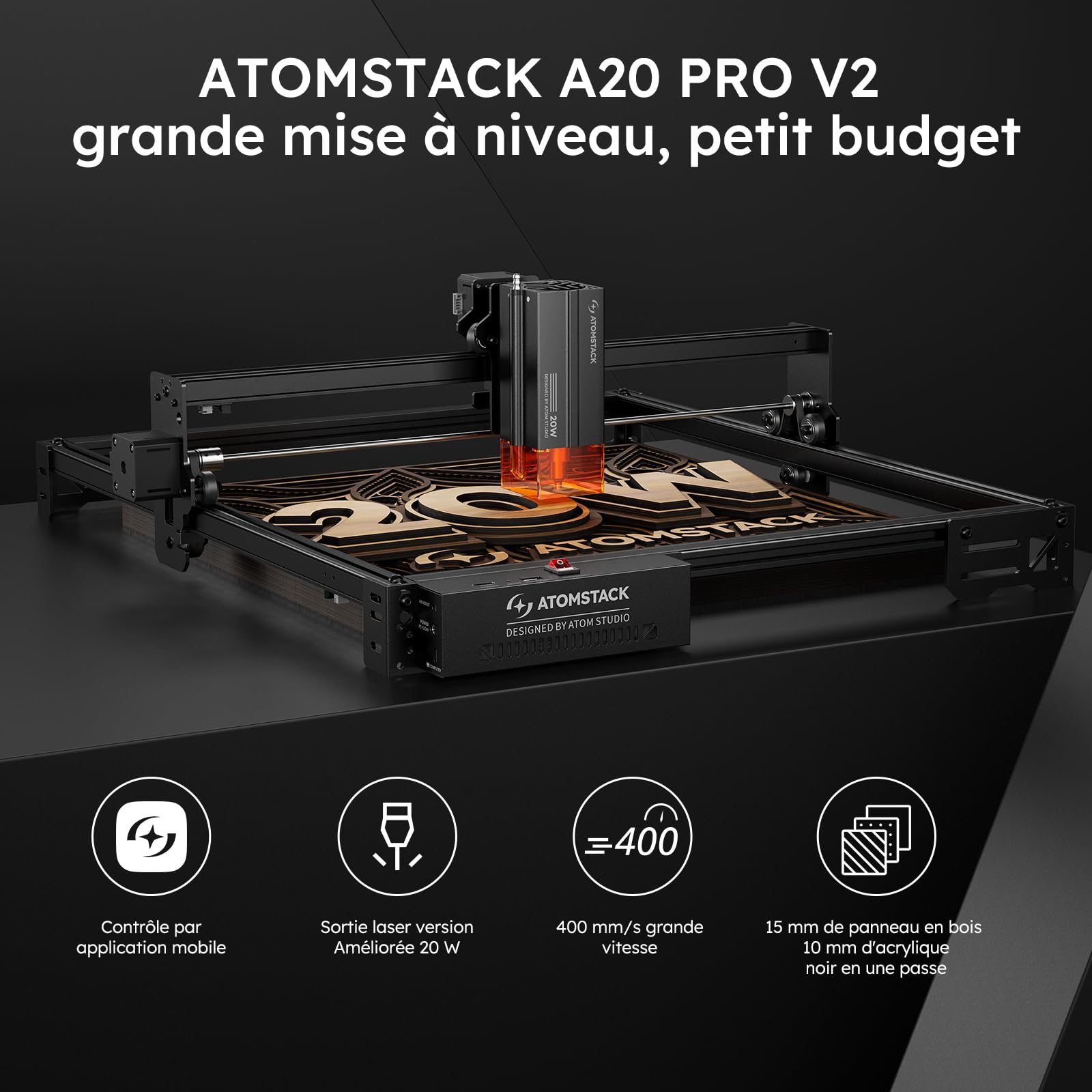 ATOMSTACK SWIFT A20 PRO V2 20W Graveur Laser Zone de Gravure : 410×380 mm Découpeur Laser de Haute Précision Pour Cadeaux Personnalisés Bois Acrylique Cuir (SWIFT A20 PRO V2 20W Noir)