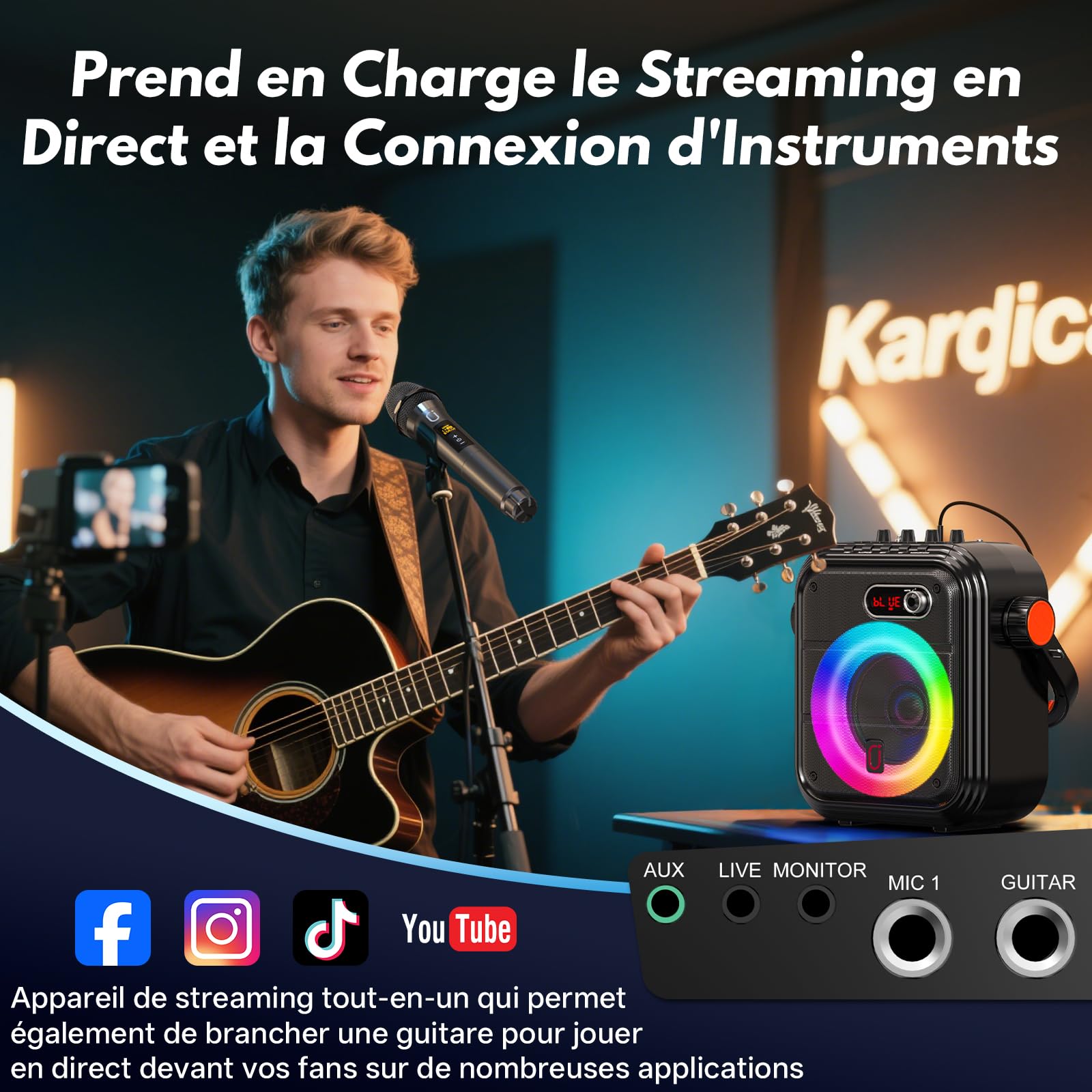 JYX Machine Karaoke avec 2 Microphones sans Fil, 90W Enceinte Karaoke Complet avec Lumières de fête, Portable Système Karaoké Support TWS/AUX/FM/USB/TF Carte
