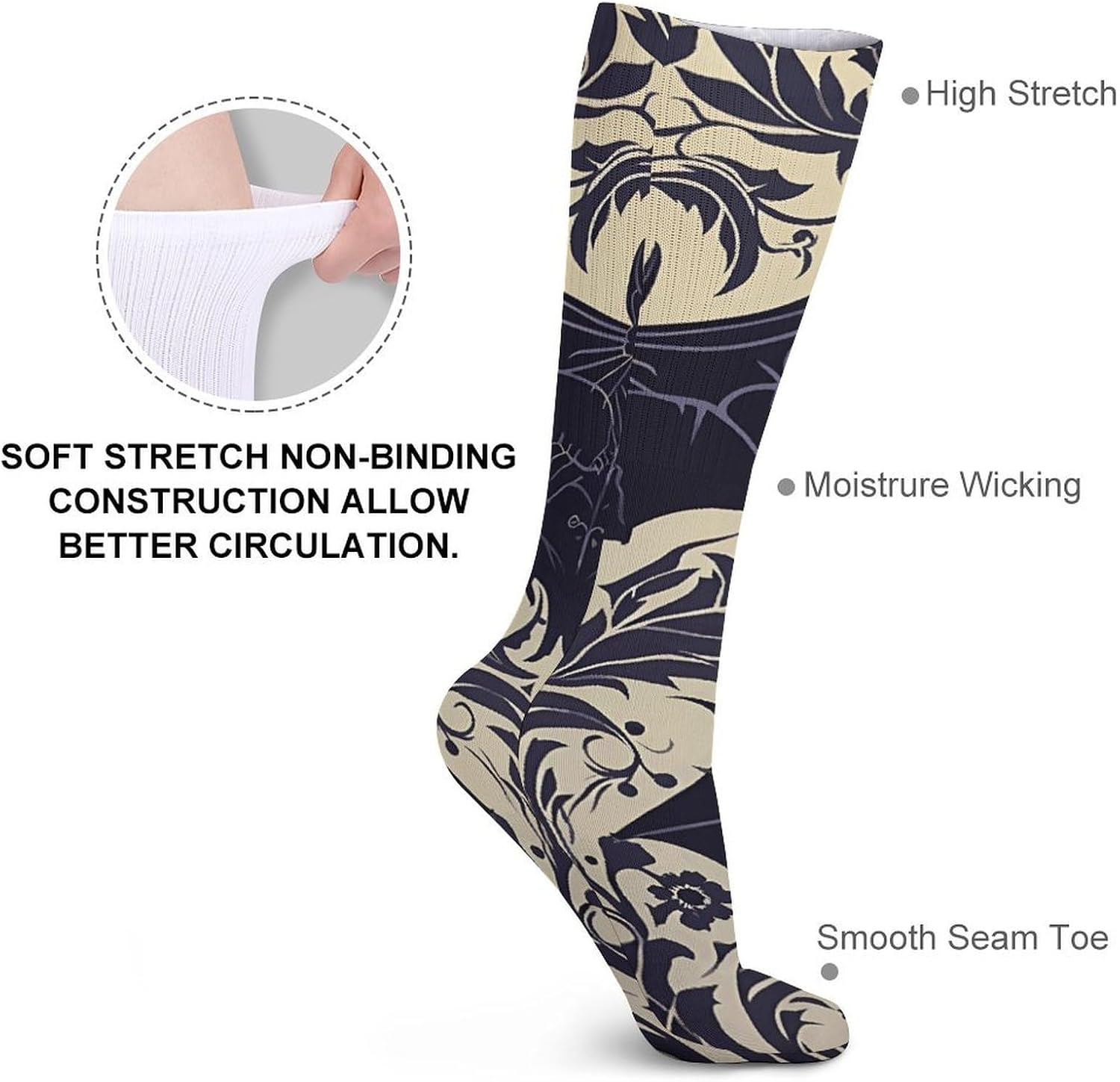 Breathable Crew Sock, Moisture Wicking, Athletic Calf Socks, Cozy | Bat Pattern Compression Socks for Women Men, Lightweight High Work Socks for Business, Casual