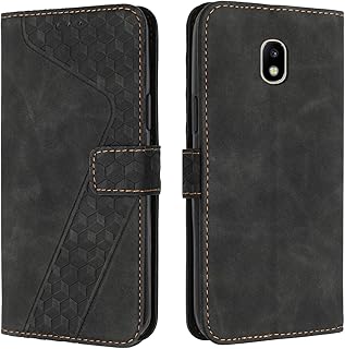 Funda Compatible con Samsung Galaxy J330/J3 2017, de Piel sintética, Funda Tipo Cartera, Plegable, Resistente a los Golpes, con Tarjetero magnético, Funda de Piel TPU (Negro)