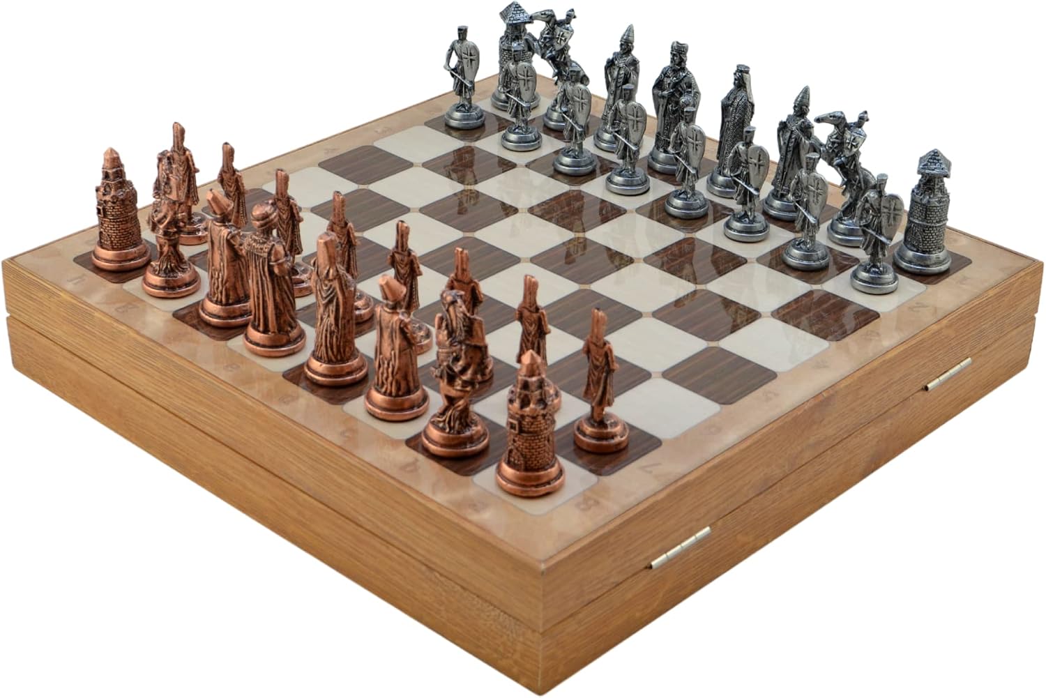 Metal Chess Set for Adults Ottoman vs Byzantine Antique Copper Figures,Handmade Pieces and Different Design Wooden Chess Board with Storage (Rustic)