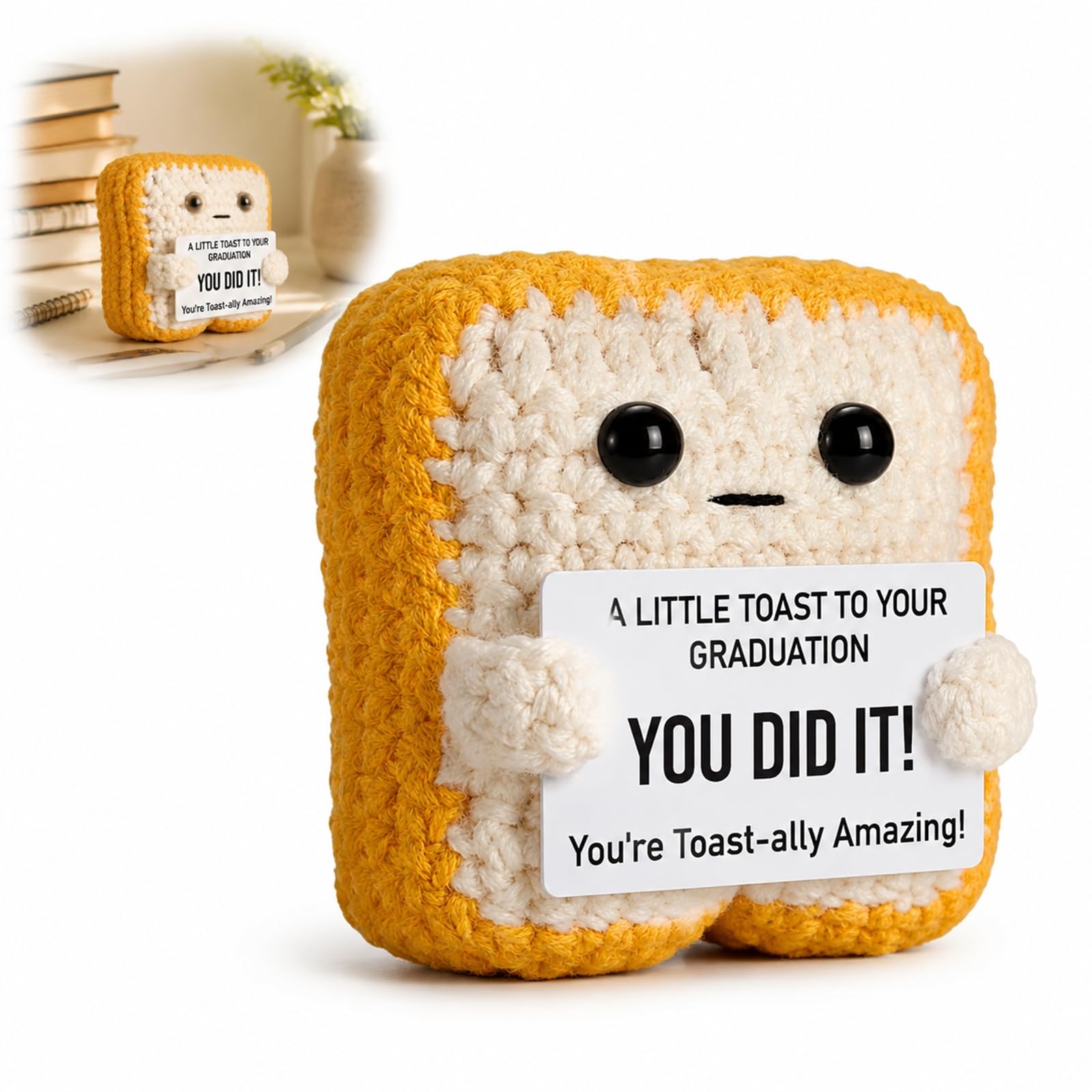 Handmade Crochet Graduation Toast Doll with Encouraging Card - Cute Knitted Bread Plush Toy, Funny Good Luck Gift for Students Friends Women Men, Birthday Exam Office Desk Car Decor