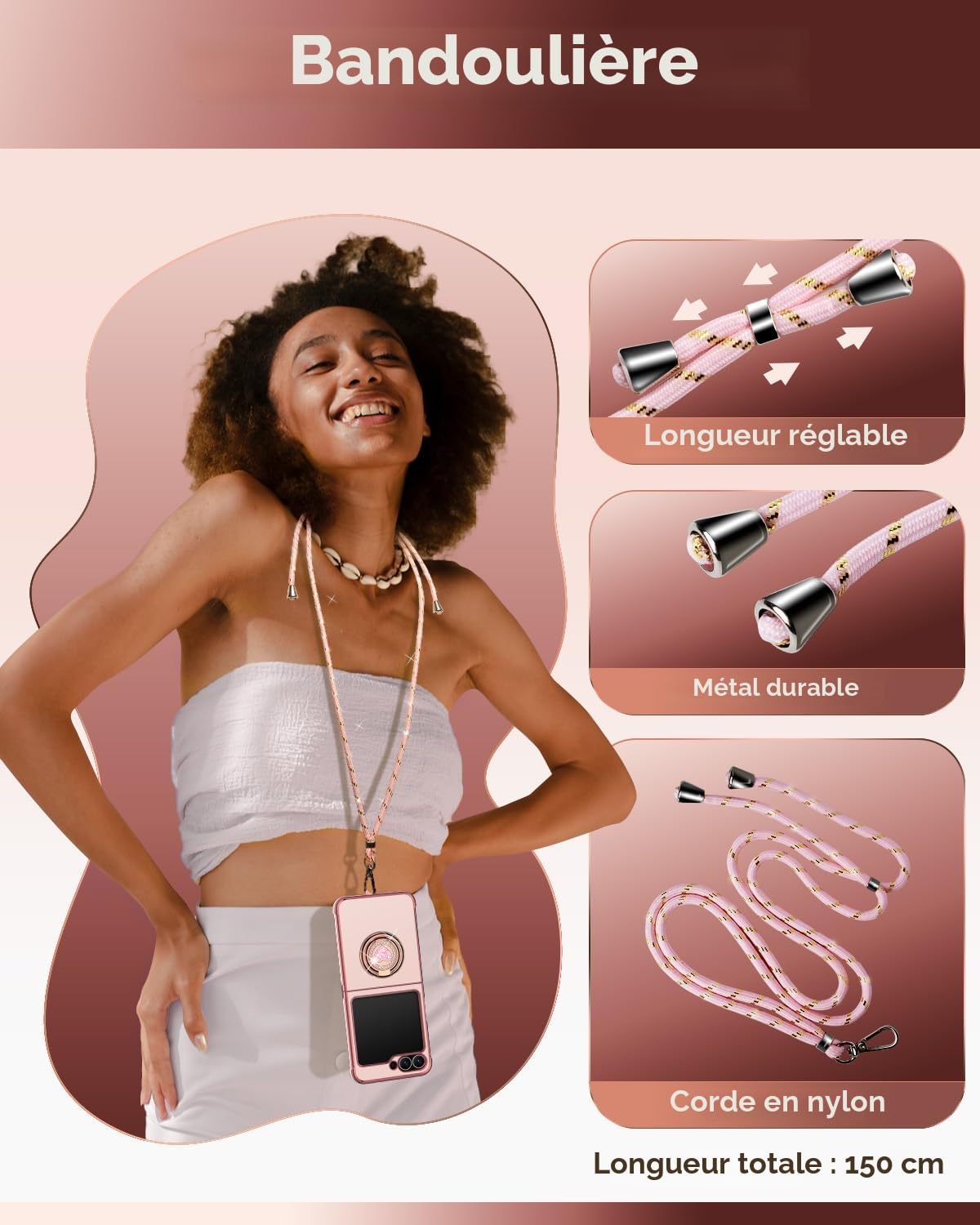 XYZ Coque pour Samsung Galaxy Z Flip 5 / Flip 6, avec Double Anneau de Support Cœur, avec Lanière pour Filles et Femmes, Coque de Protection Luxe Mignonne et Scintillante, Rose
