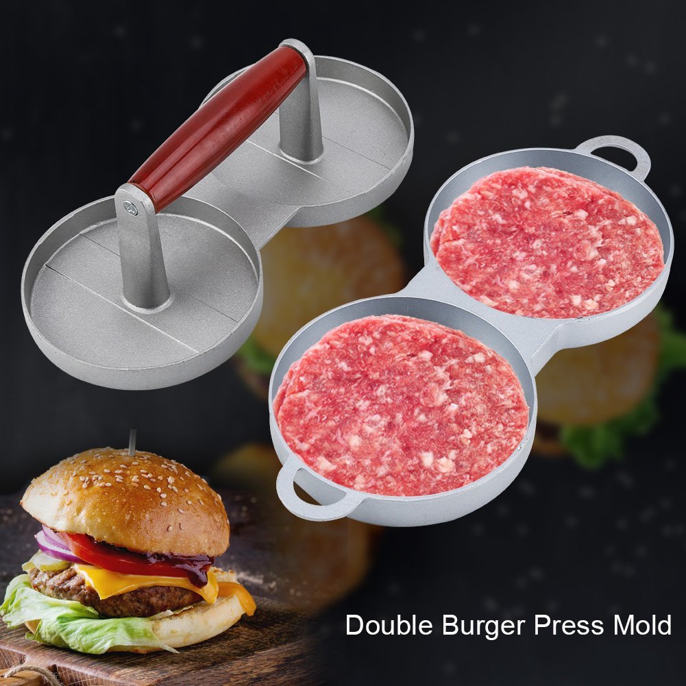 Duokon Prensa de hamburguesas, Molde de aleación de Aluminio con Revestimiento Antiadherente, Doble Rejilla, prensatelas de Hamburguesas, Carne de Vacuno y Mango de Madera para Cocina