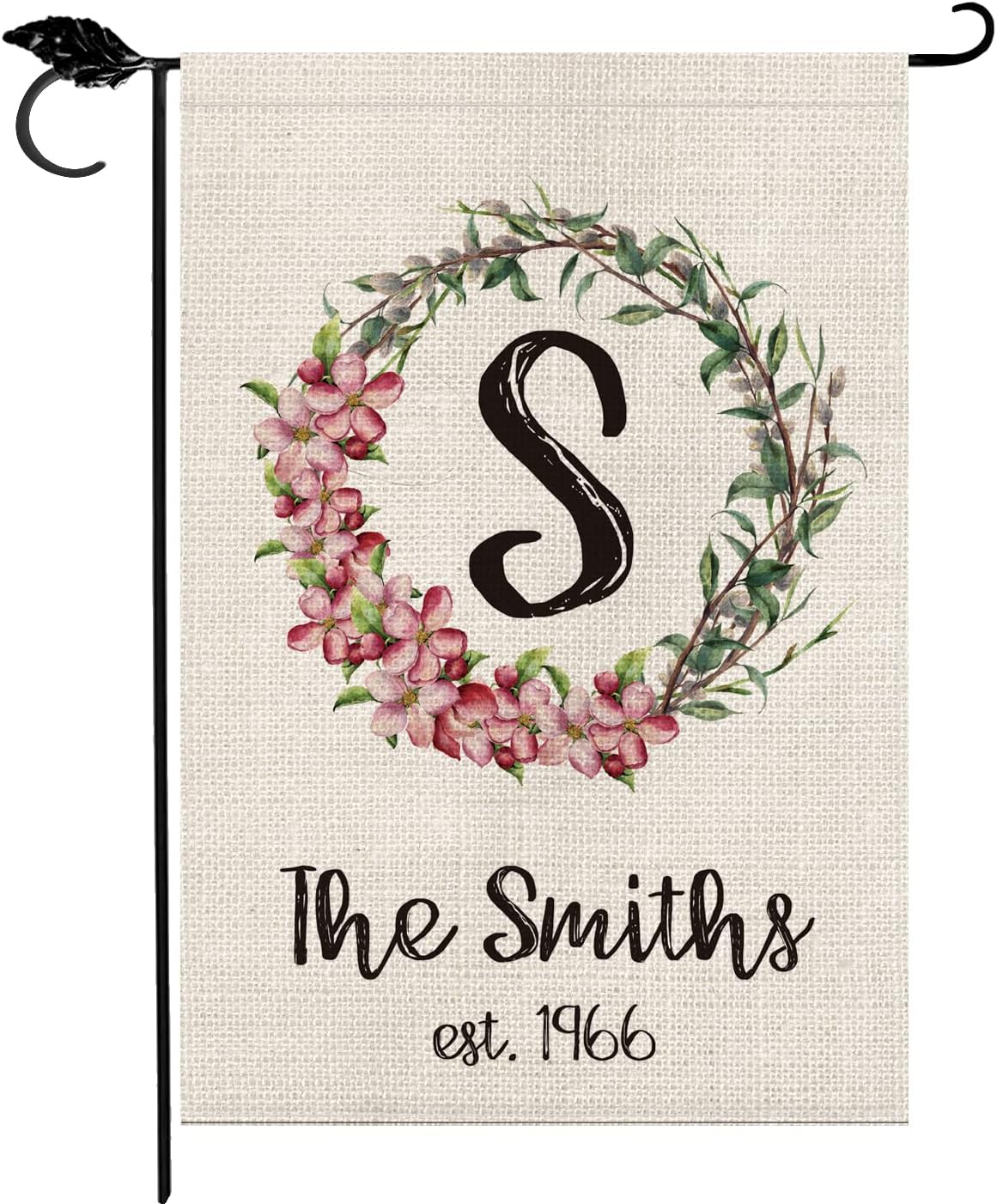 SMILE Personalized Spring House Flag, Summer Custom Monogram Initial Family Last Name Established Year Wreath And Leaves, Double Sided 28 x 40 Inch Rustic Farmhouse Burlap Yard Outdoor Decoration
