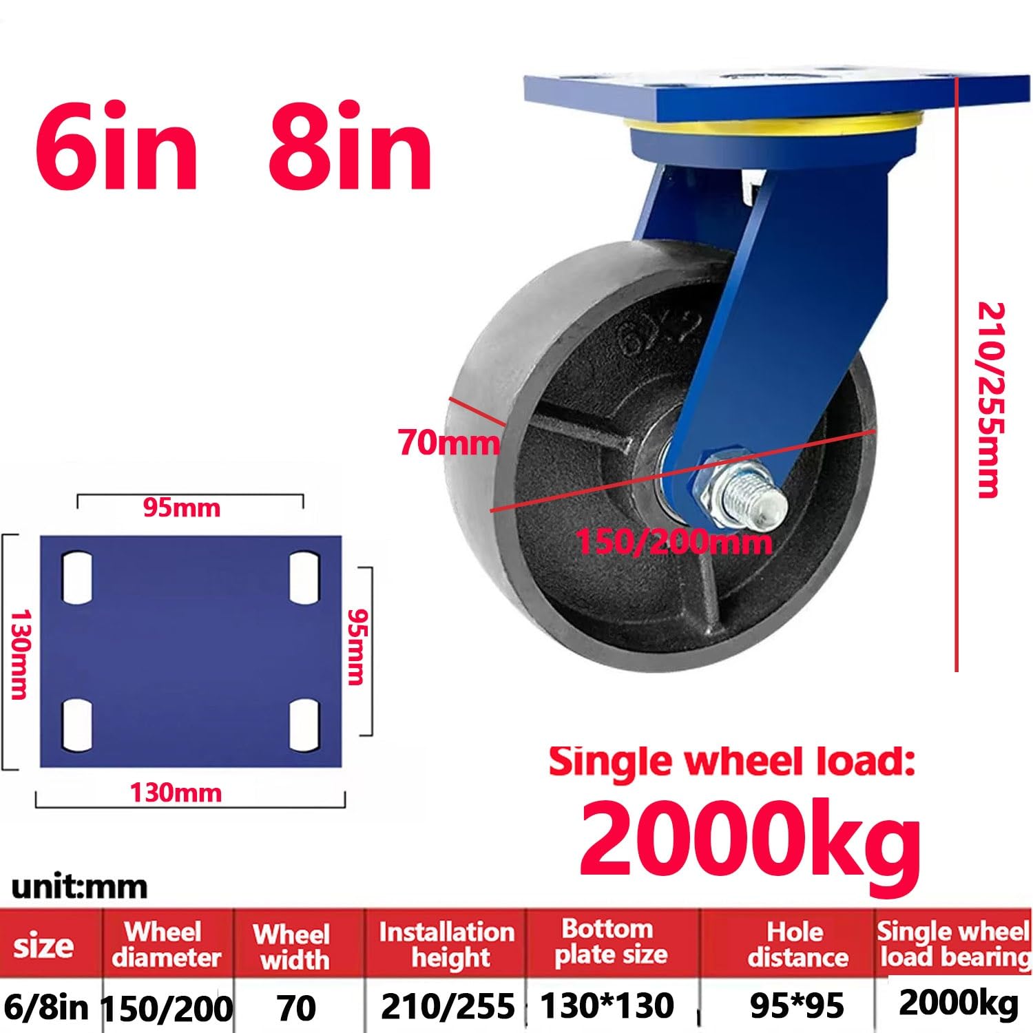 150/200mm Roulette Charge Lourde Jusqu'à Charger 6000KG, Transport Industriel Roue, roulettes Pivotantes avec Frein, Roue en Fonte Solide Lot de 4(2*Swivel+2*Brake,8in(200mm))